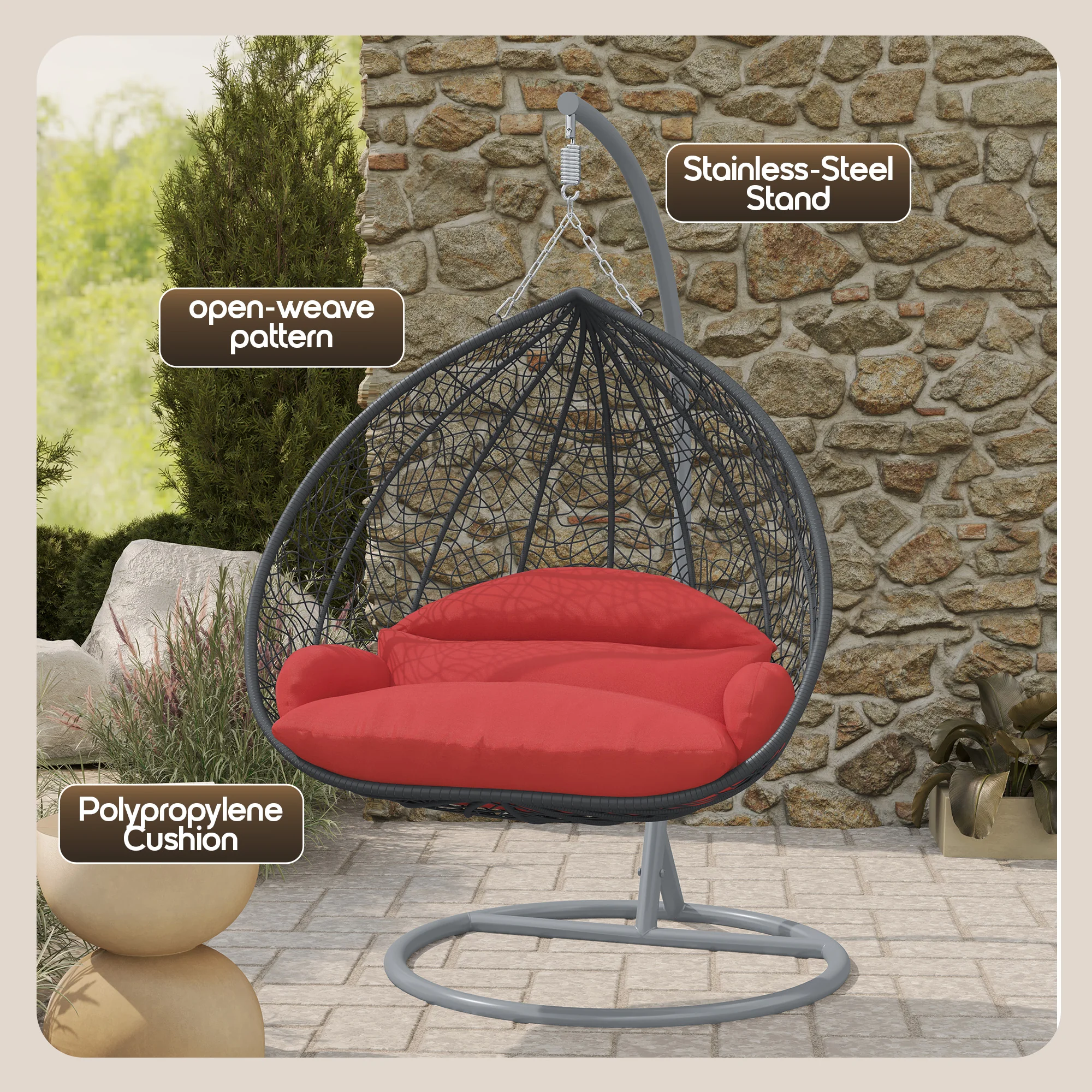 Recluse Collection Modern Outdoor Swing Chair Grey Frame with ES57 Red Cushion