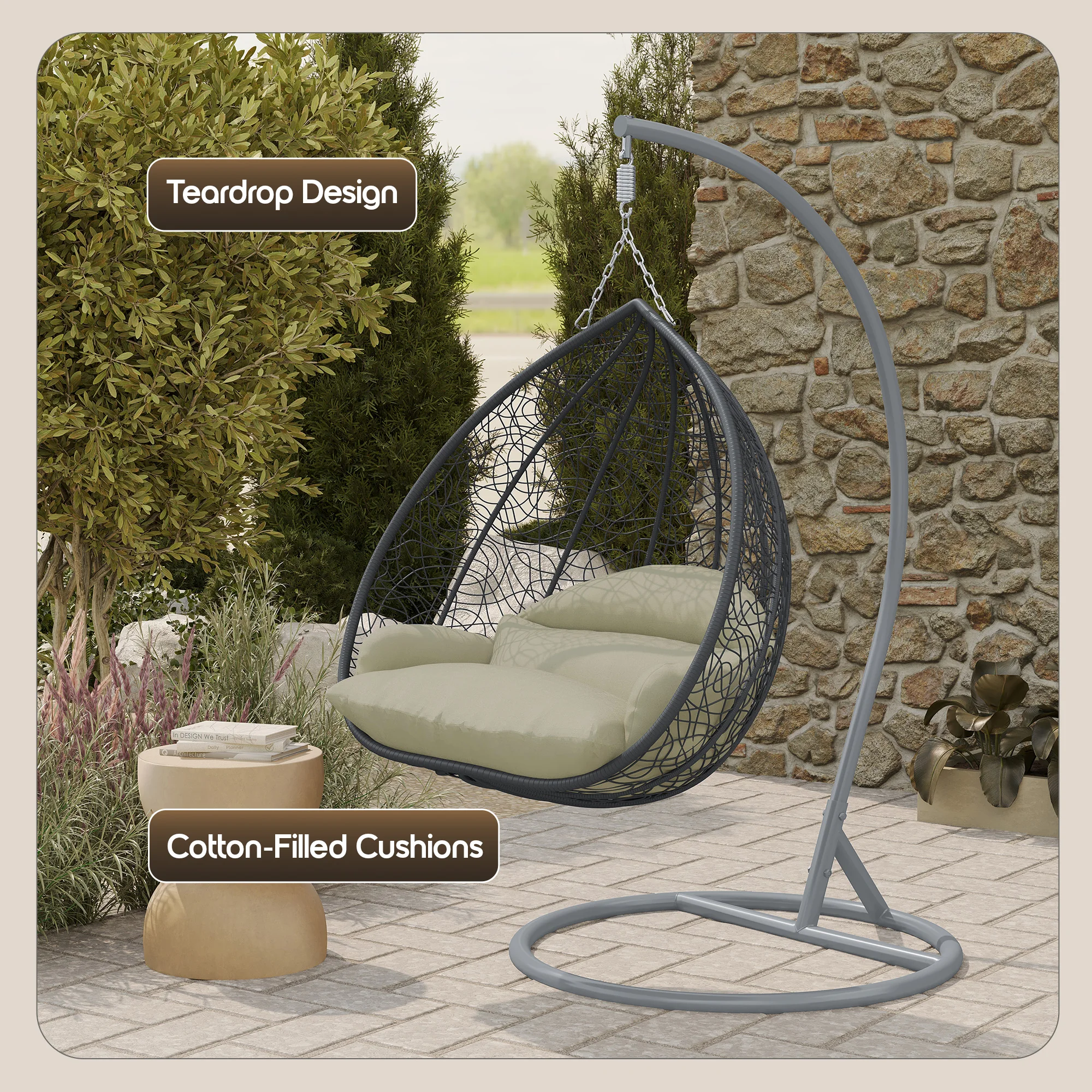 Recluse Collection Modern Outdoor Swing Chair Grey Frame with ES57 Taupe Cushion