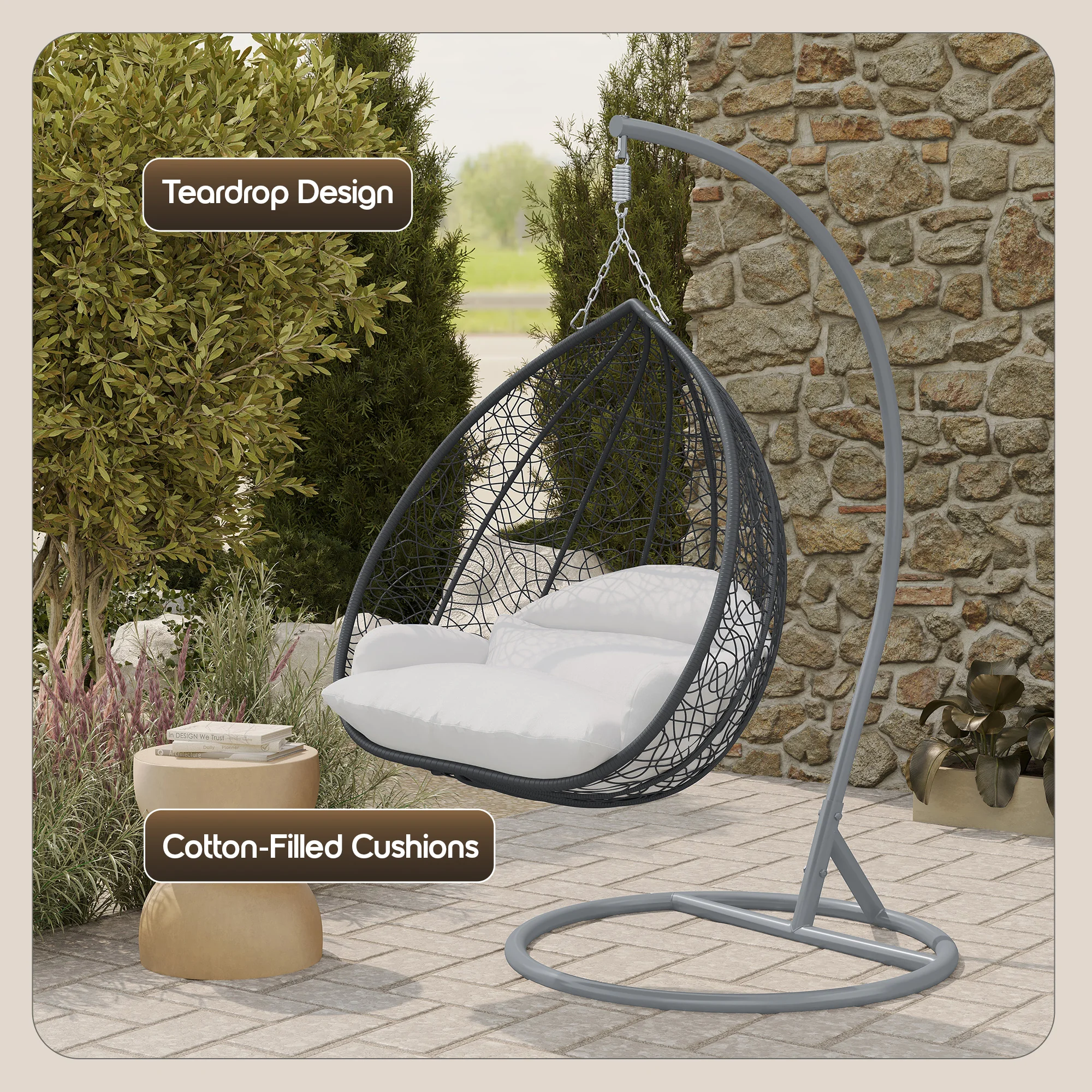 Recluse Collection Modern Outdoor Swing Chair Grey Frame with ES57 White Cushion
