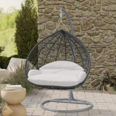 Recluse Collection Modern Outdoor Swing Chair Grey Frame with ES57 White Cushion