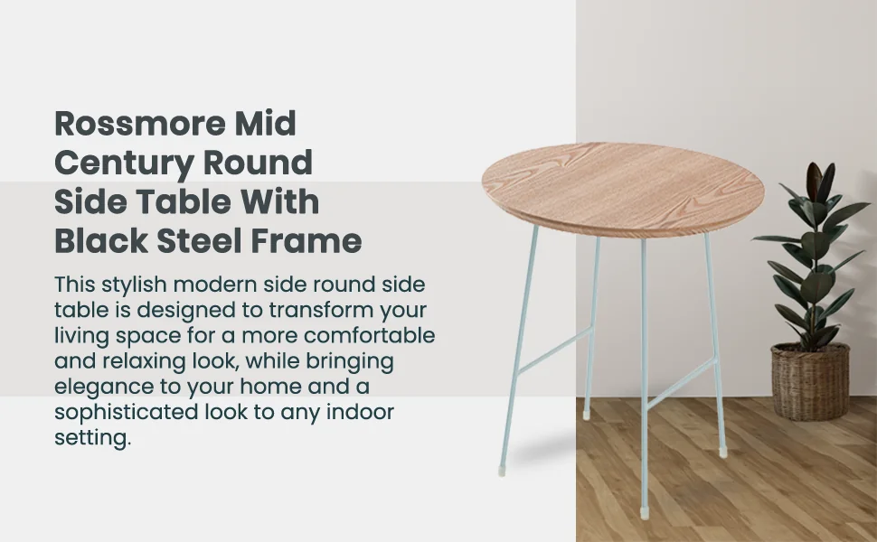 Rossmore Mid Century Modern Round Side Table With White Steel Frame