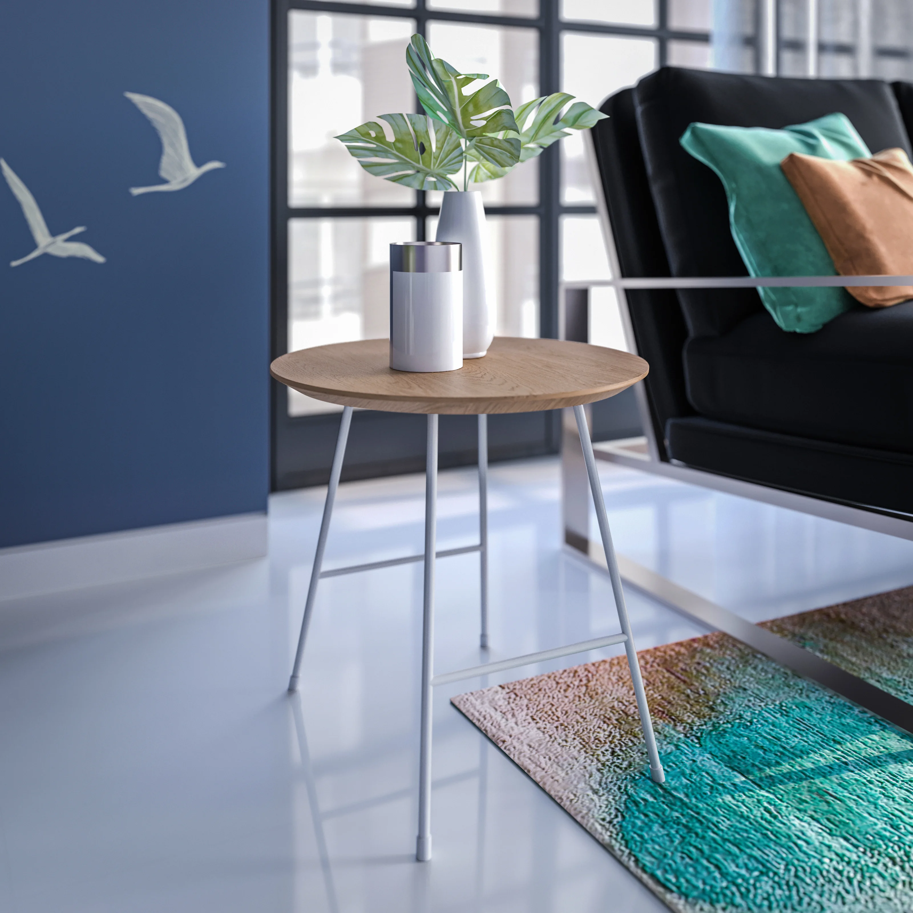 Rossmore Mid Century Modern Round Side Table With White Steel Frame