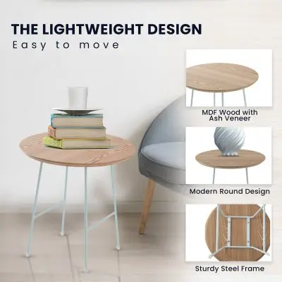 Rossmore Mid Century Modern Round Side Table With White Steel Frame