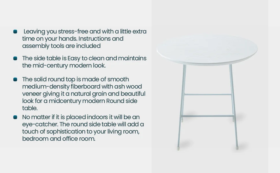 Rossmore Mid Century Modern Round Side Table With White Steel Frame