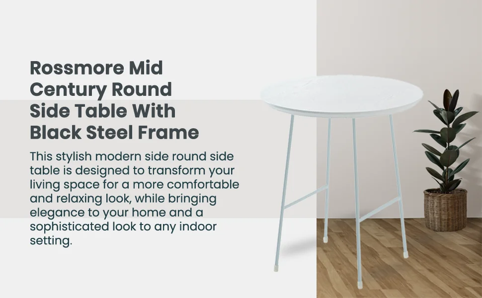 Rossmore Mid Century Modern Round Side Table With White Steel Frame