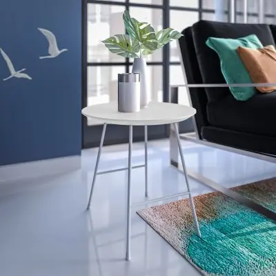 Rossmore Mid Century Modern Round Side Table With White Steel Frame