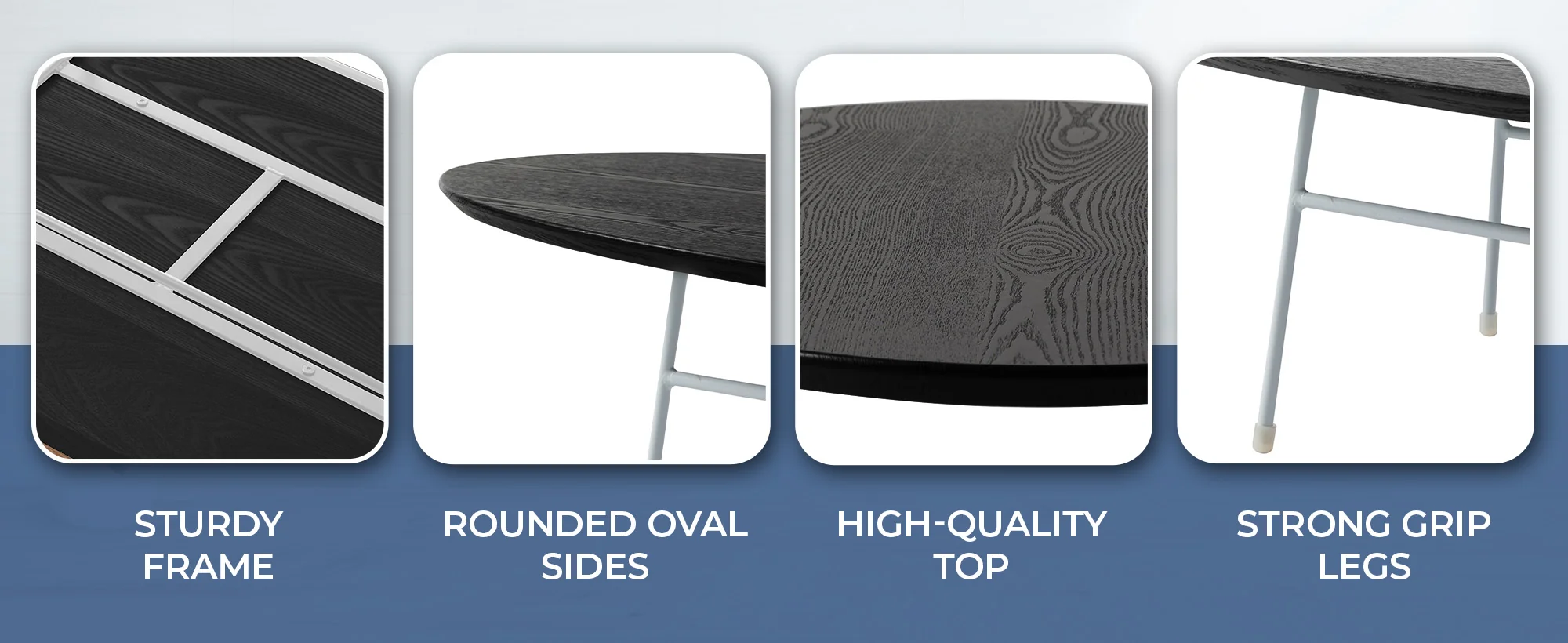 Rossmore Oval Coffee Table with Ash Veneer Top and White Powder Coated Steel Frame in Black