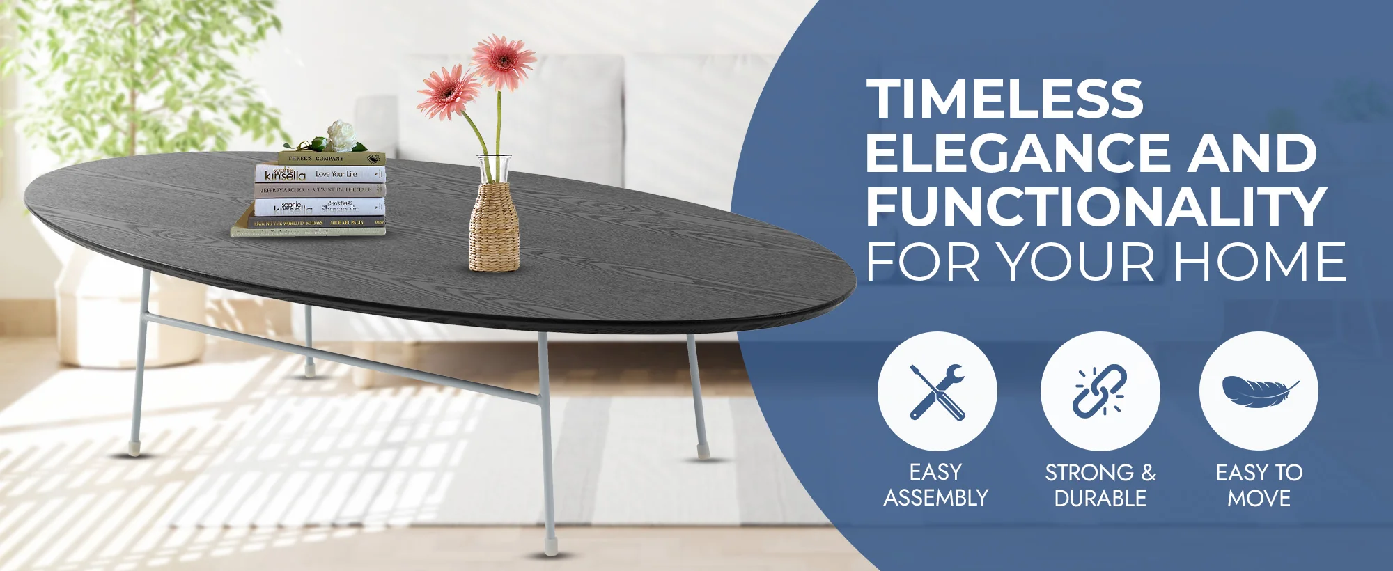 Rossmore Oval Coffee Table with Ash Veneer Top and White Powder Coated Steel Frame in Black