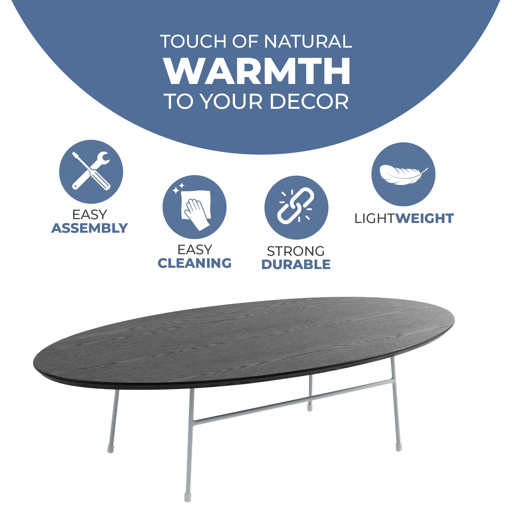 Rossmore Oval Coffee Table with Ash Veneer Top and White Powder Coated Steel Frame in Black