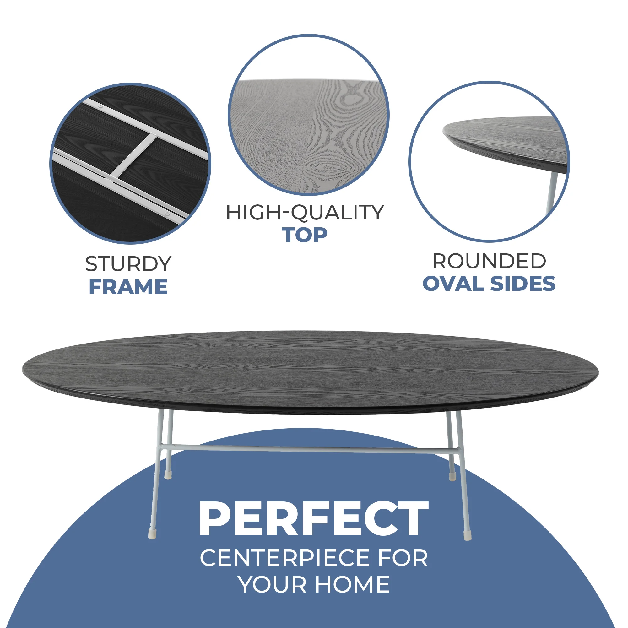 Rossmore Oval Coffee Table with Ash Veneer Top and White Powder Coated Steel Frame in Black