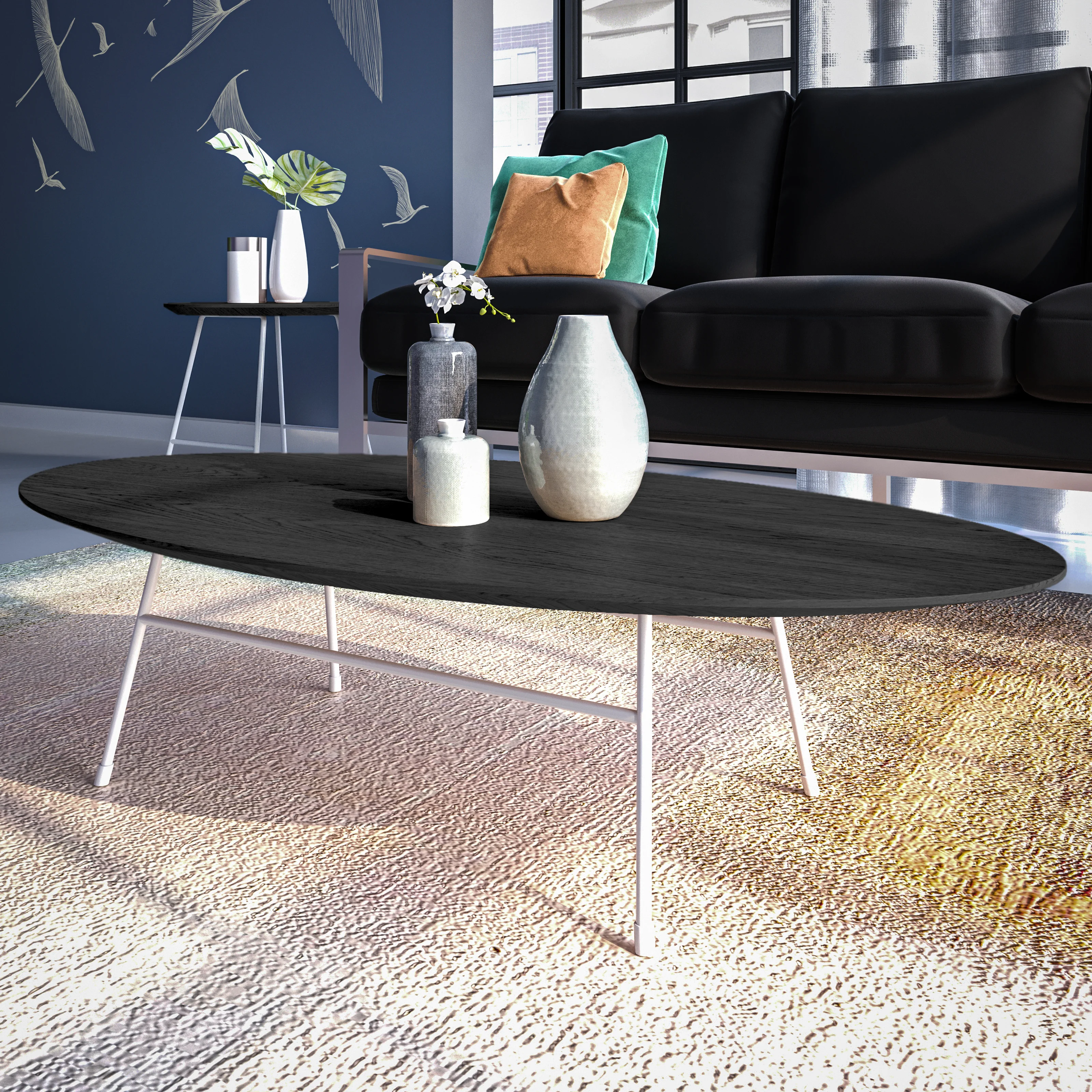 Rossmore Oval Coffee Table with Ash Veneer Top and White Powder Coated Steel Frame in Black