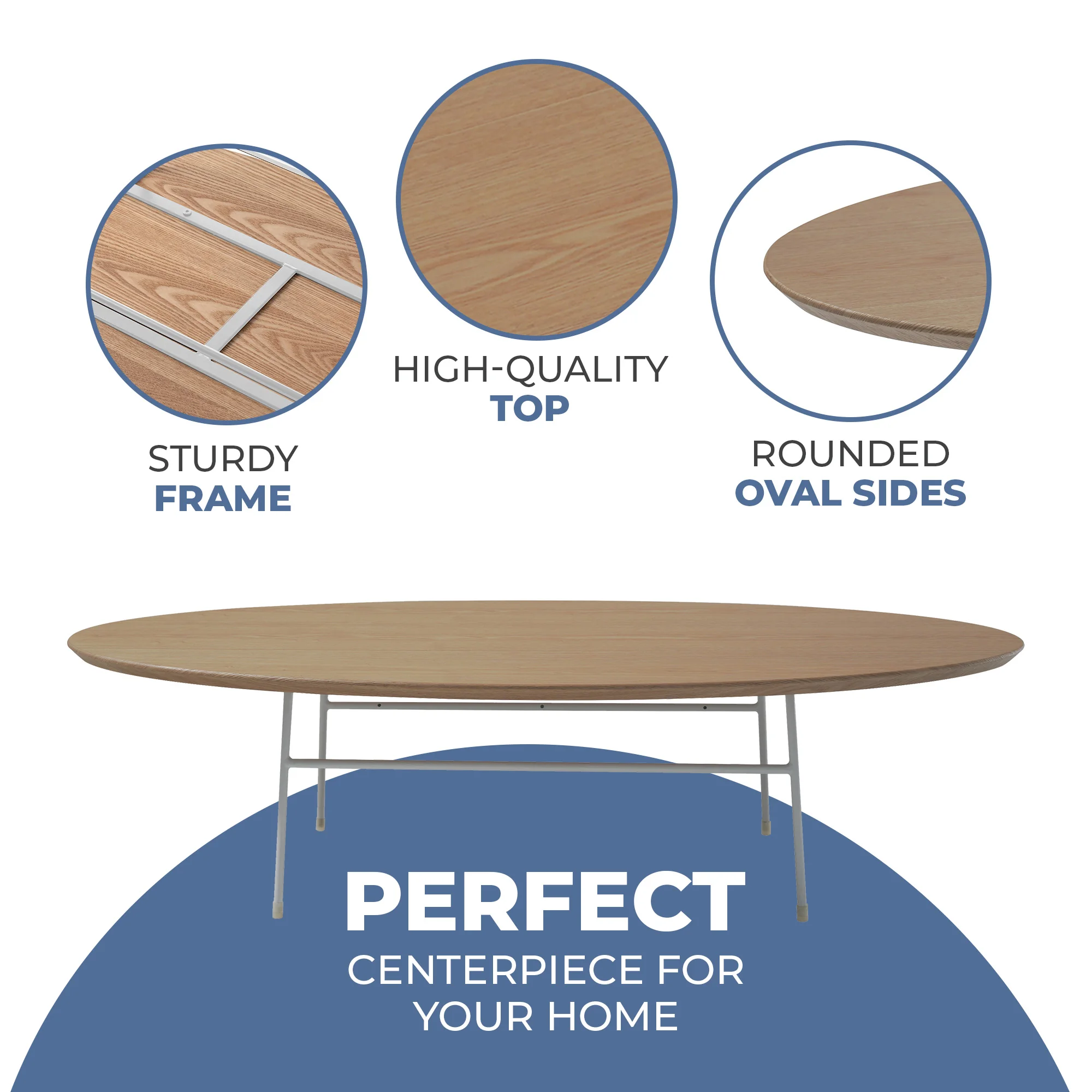 Rossmore Oval Coffee Table with Ash Veneer Top and White Powder Coated Steel Frame in Natural Wood