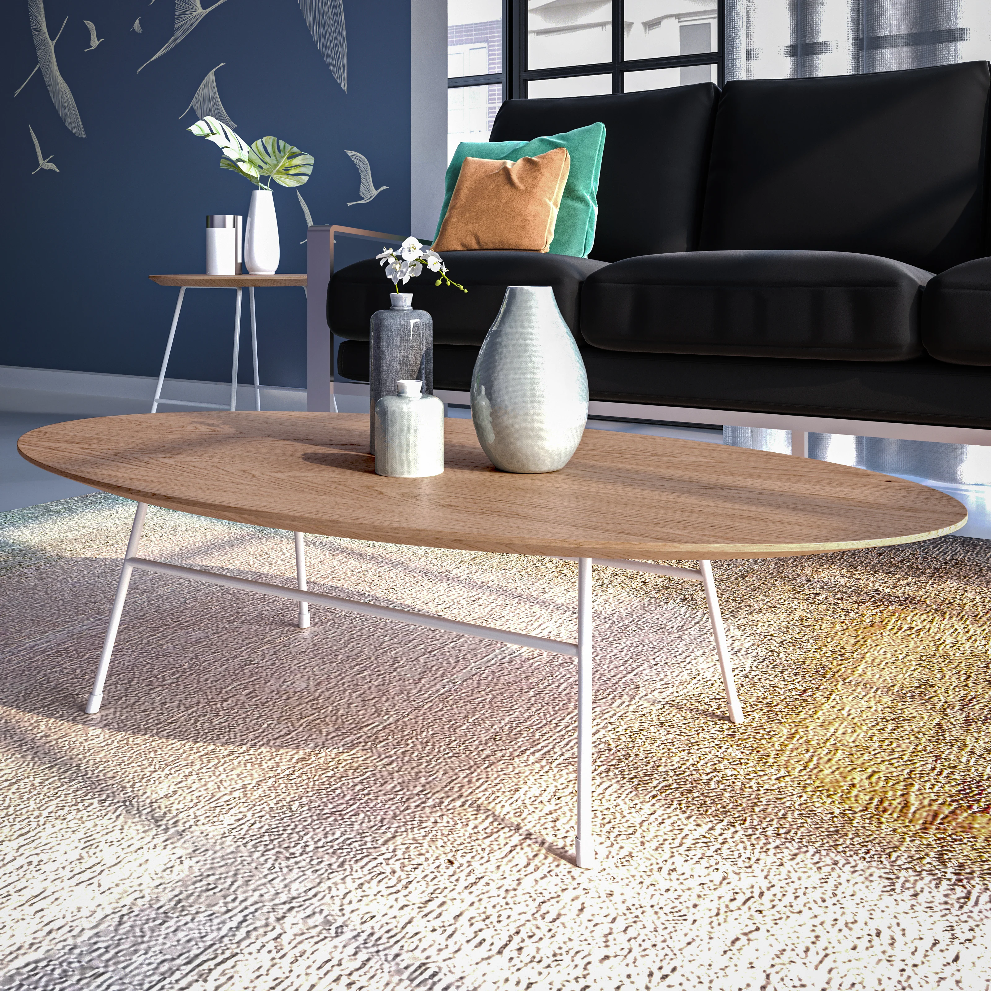 Rossmore Oval Coffee Table with Ash Veneer Top and White Powder Coated Steel Frame in Natural Wood