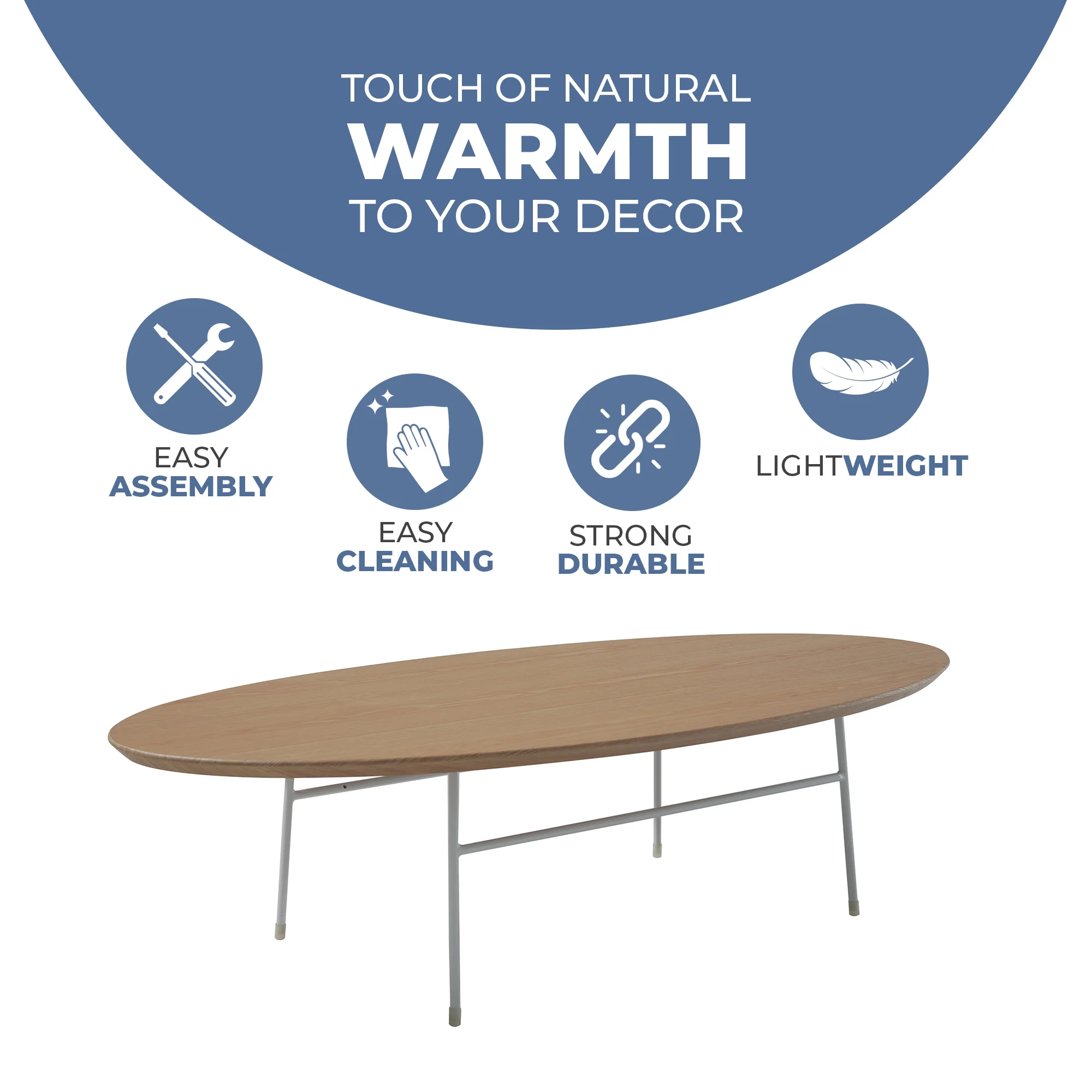 Rossmore Oval Coffee Table with Ash Veneer Top and White Powder Coated Steel Frame in Natural Wood