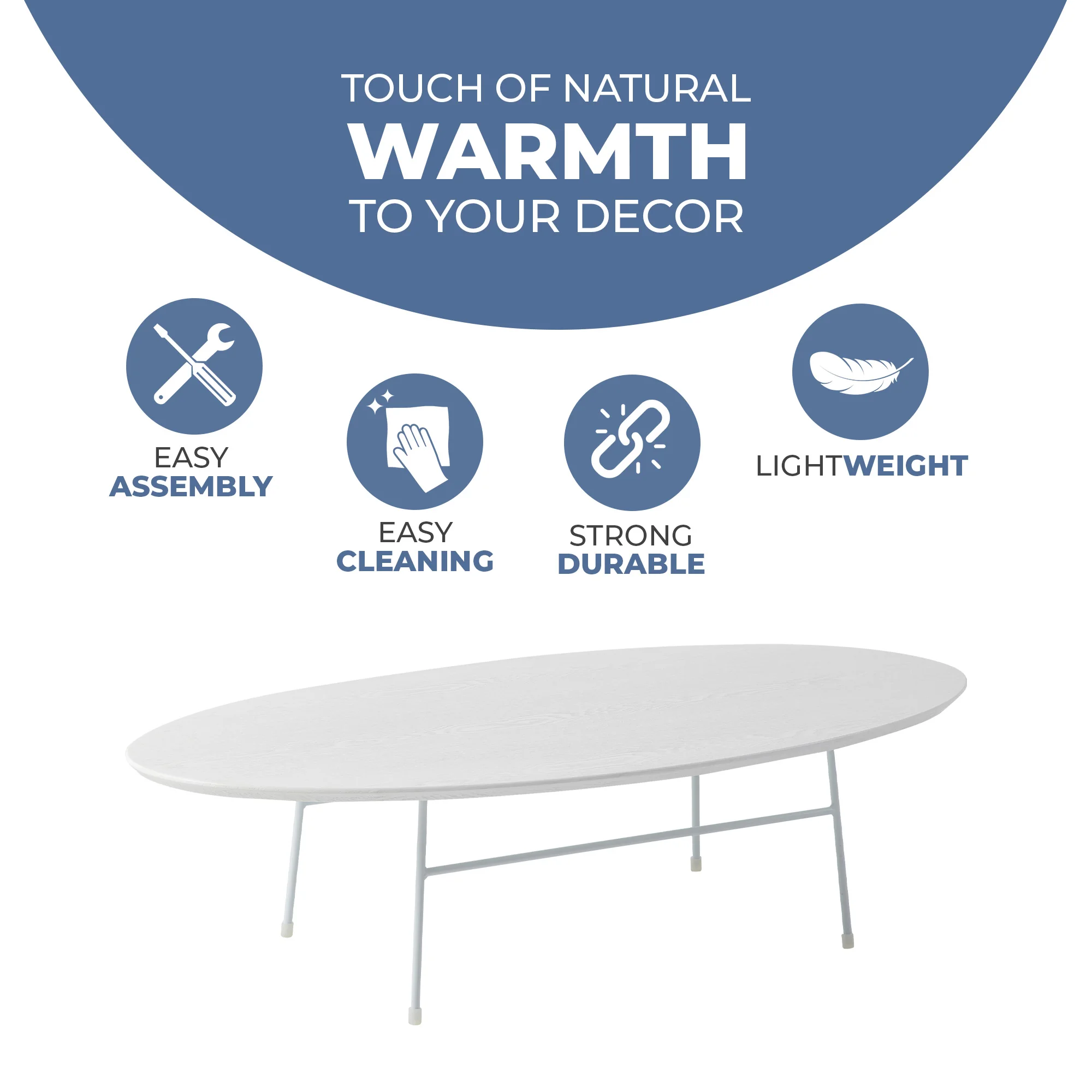 Rossmore Oval Coffee Table with Ash Veneer Top and White Powder Coated Steel Frame in White