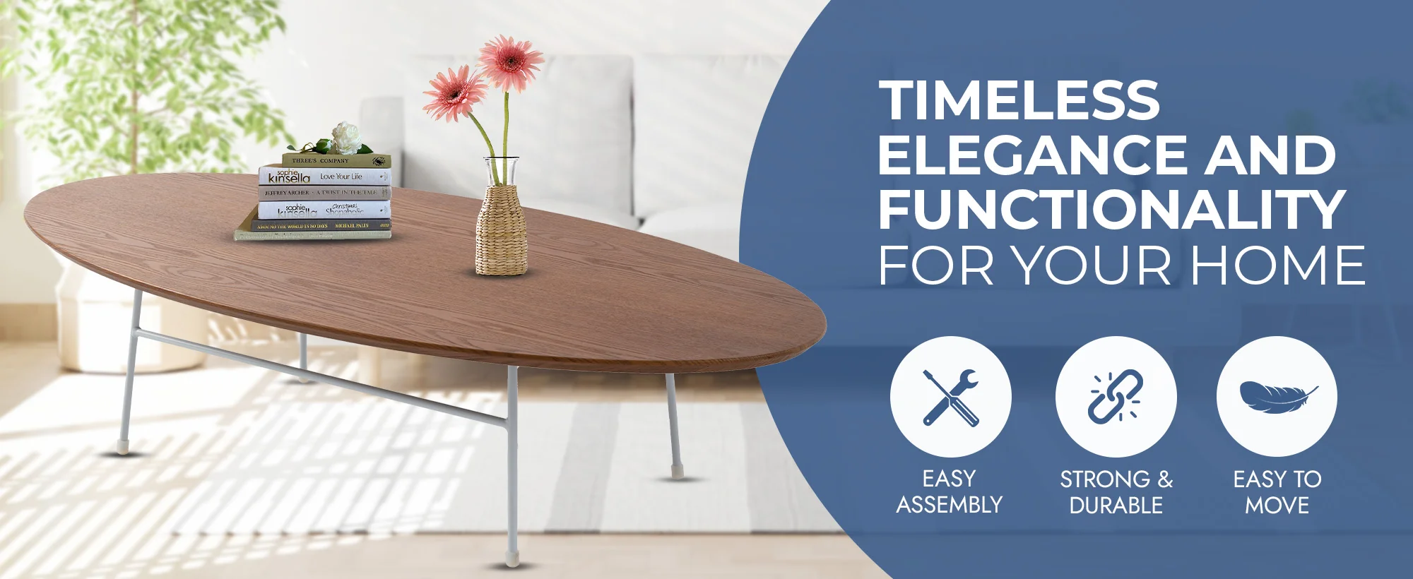 Rossmore Oval Coffee Table with Ash Veneer Top and White Powder Coated Steel Frame in Walnut