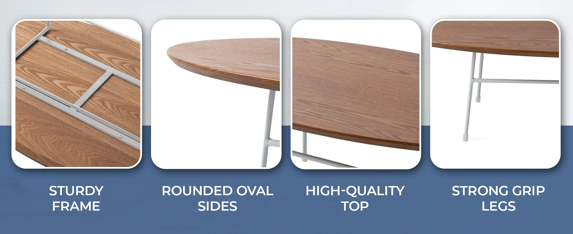 Rossmore Oval Coffee Table with Ash Veneer Top and White Powder Coated Steel Frame in Walnut