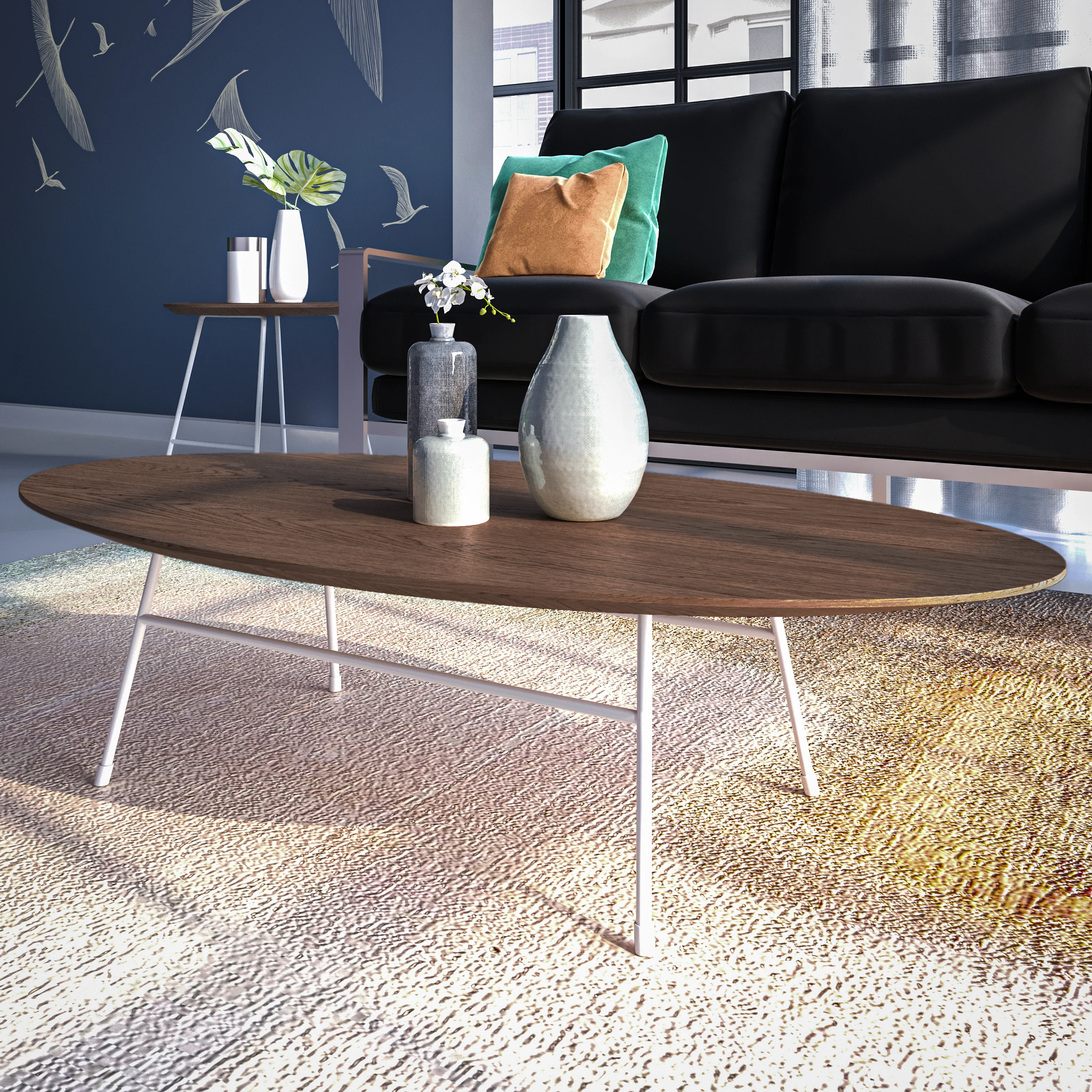 Rossmore Oval Coffee Table with Ash Veneer Top and White Powder Coated Steel Frame in Walnut