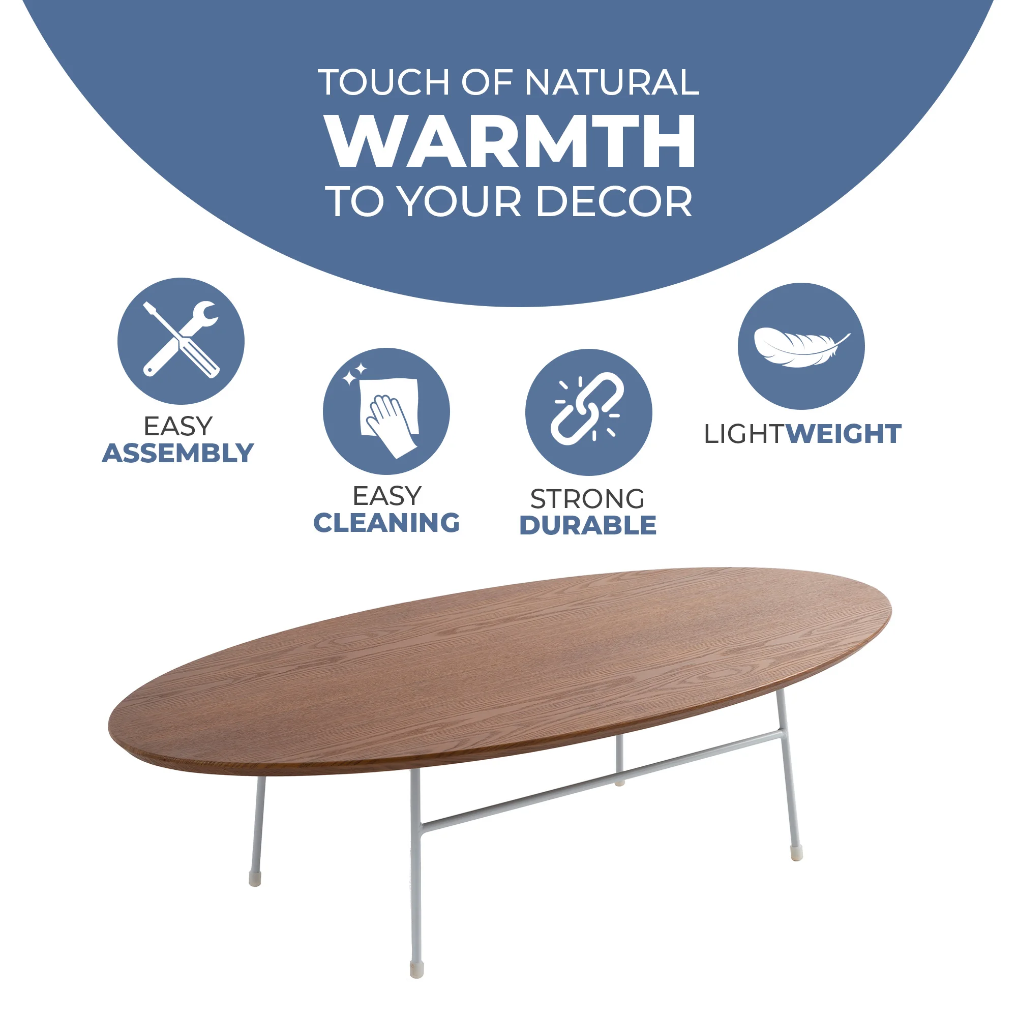 Rossmore Oval Coffee Table with Ash Veneer Top and White Powder Coated Steel Frame in Walnut