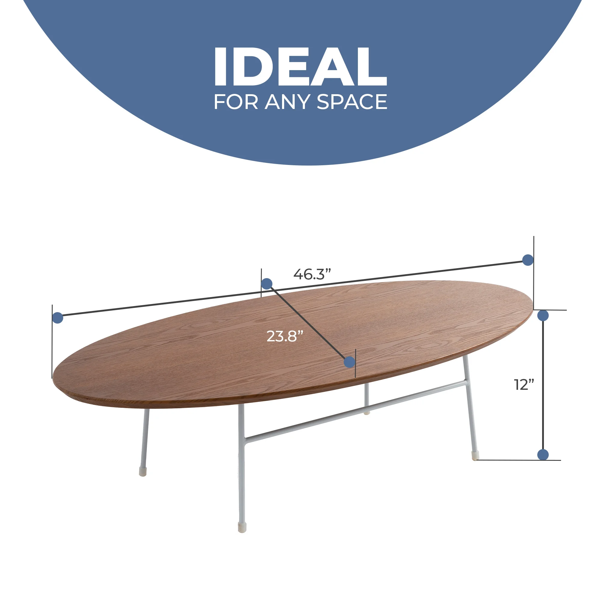 Rossmore Oval Coffee Table with Ash Veneer Top and White Powder Coated Steel Frame in Walnut