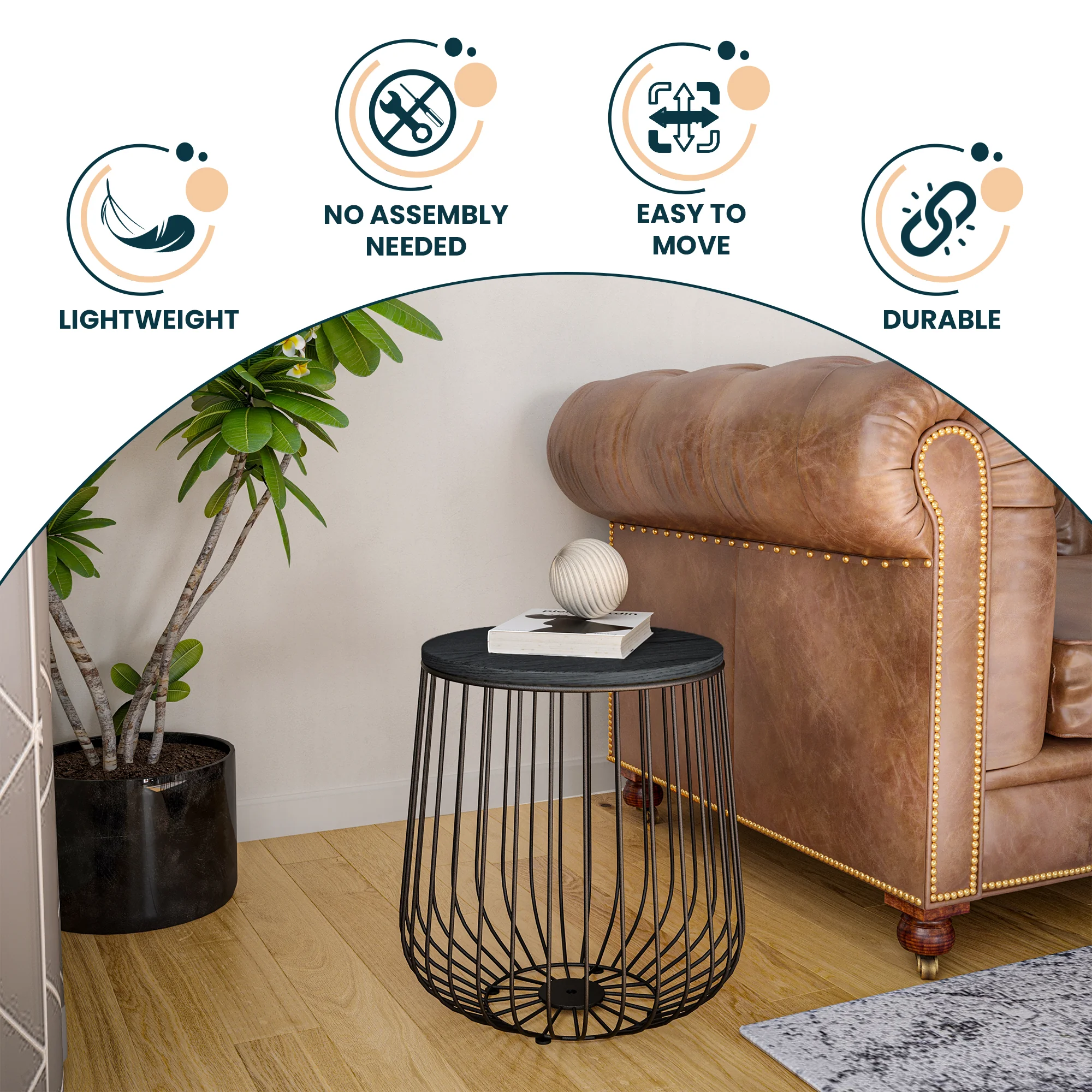 Runswick Modern Wood Top End Table With Metal Base in Black