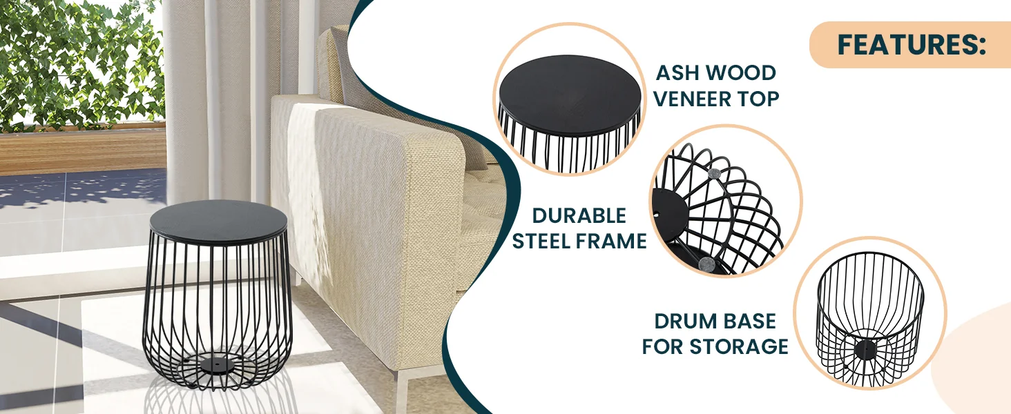 Runswick Modern Wood Top End Table With Metal Base in Black