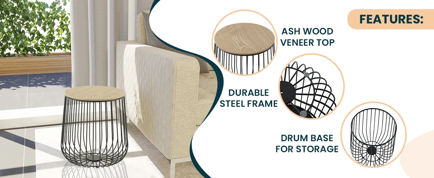 Runswick Modern Wood Top End Table With Metal Base in Natural Wood