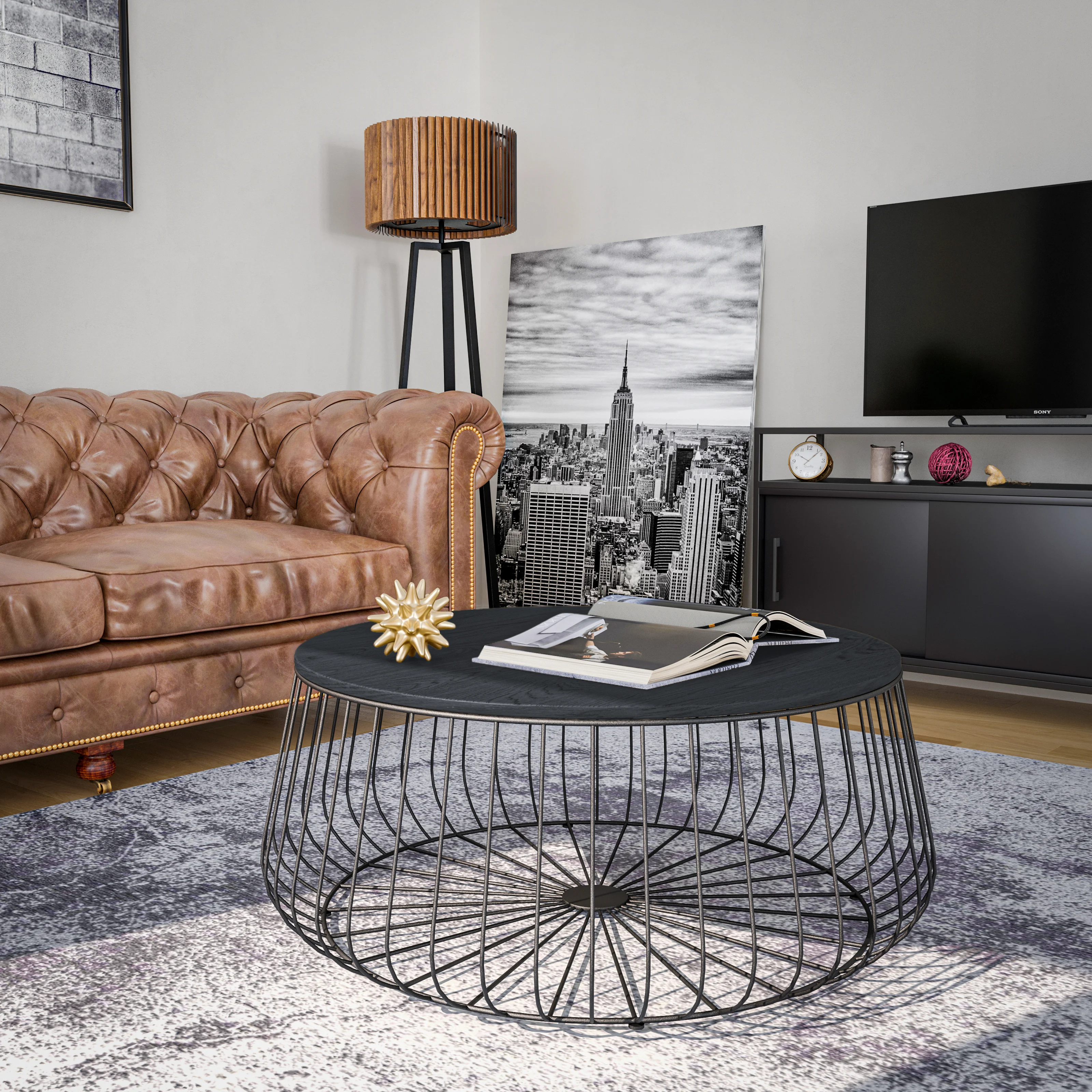 Runswick Modern Wood Top Coffee Table With Metal Base