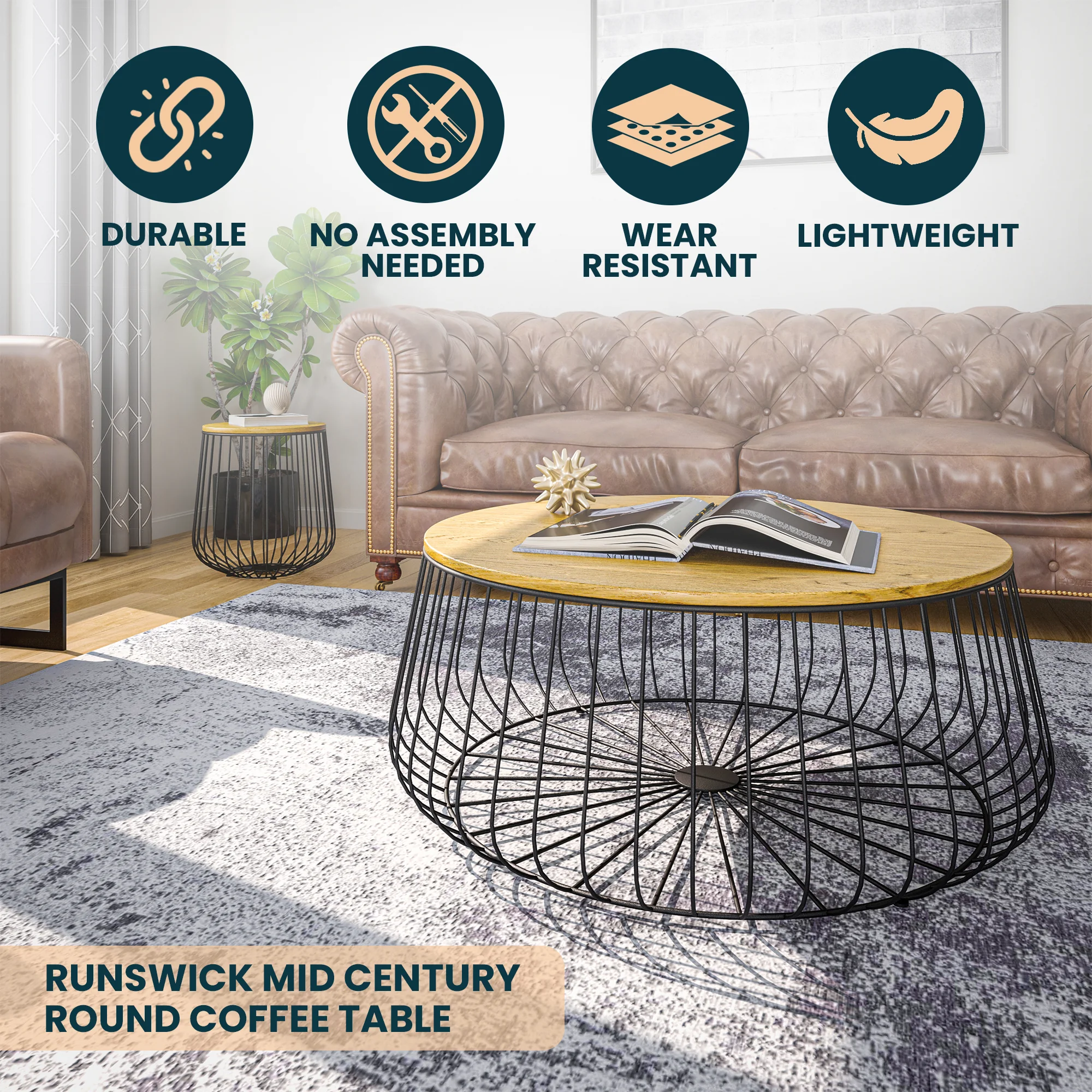 Runswick Modern Wood Top Coffee Table With Metal Base