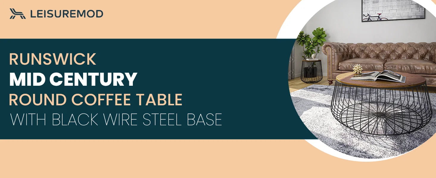 Runswick Modern Wood Top Coffee Table With Metal Base