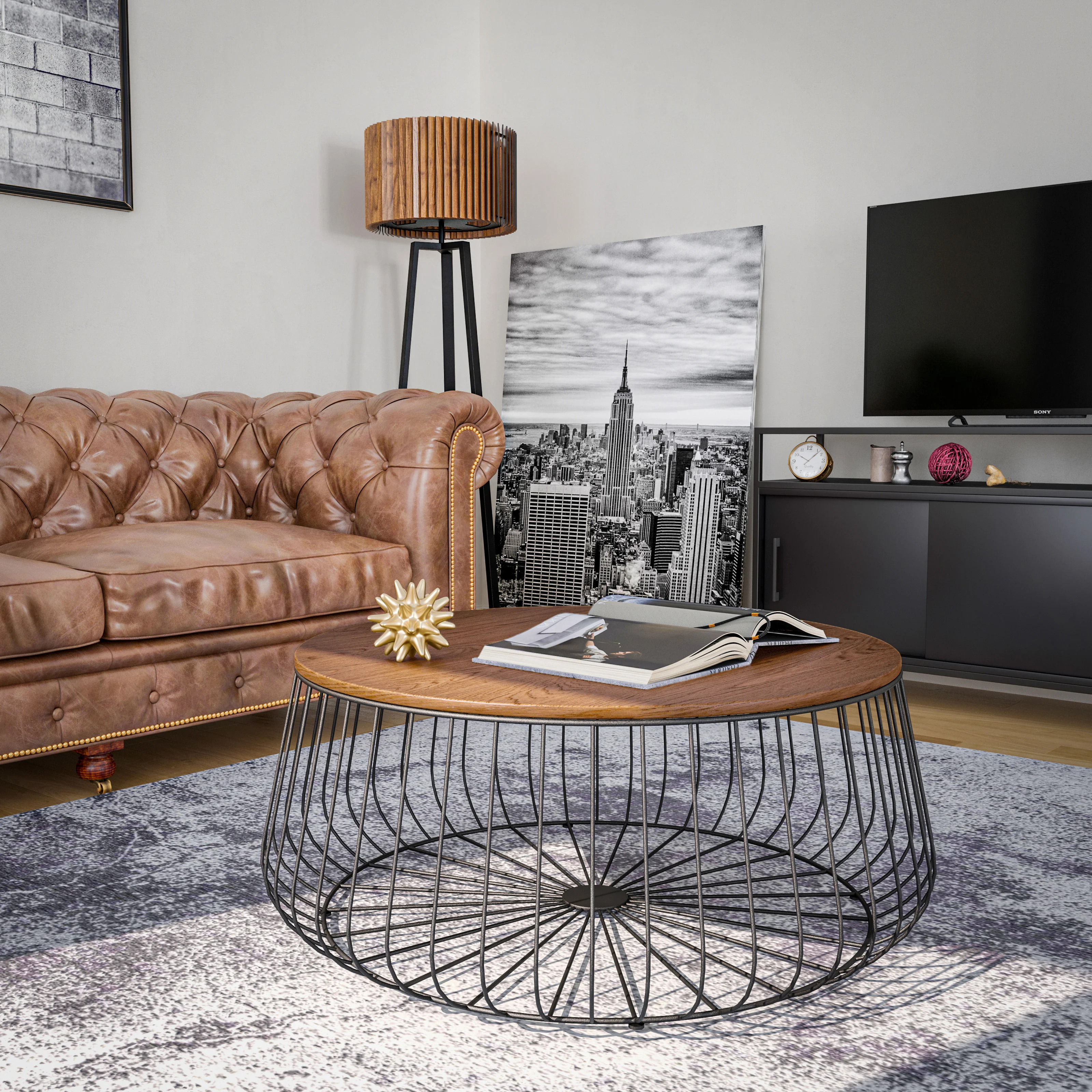 Runswick Modern Wood Top Coffee Table With Metal Base