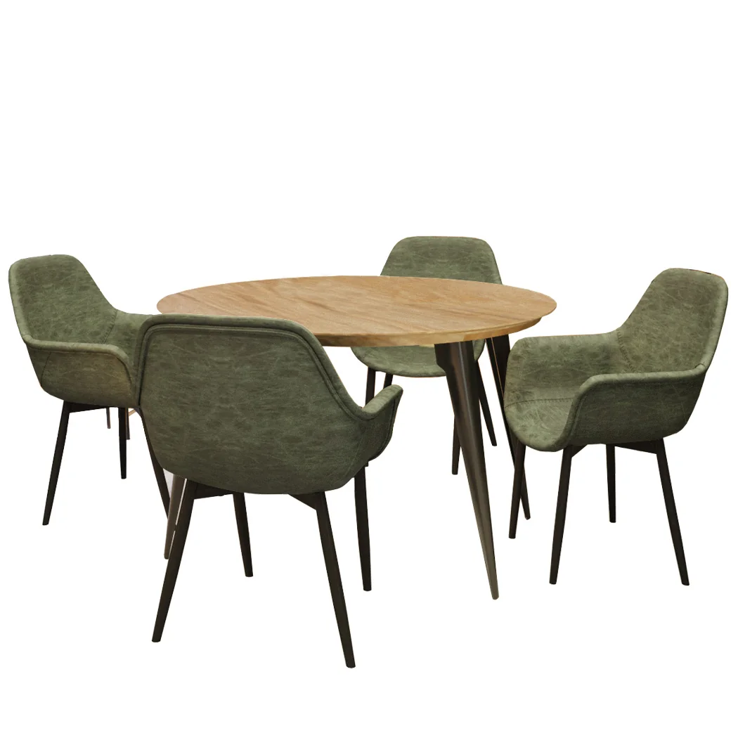 5-Piece Dining Set 47" Round Dining Table 4 Leather Dining Chairs in Butternut/Olive Green