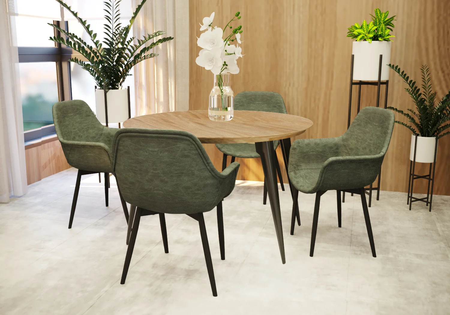5-Piece Dining Set 47" Round Dining Table 4 Leather Dining Chairs in Butternut/Olive Green