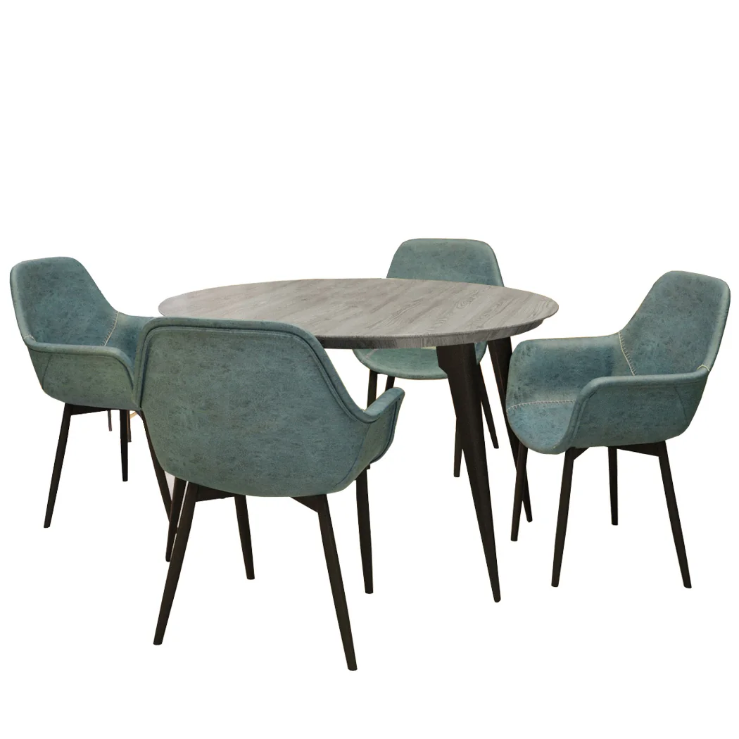 5-Piece Dining Set 47" Round Dining Table 4 Leather Dining Chairs in Grey/Peacock Blue