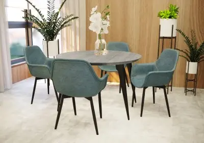 5-Piece Dining Set 47" Round Dining Table 4 Leather Dining Chairs in Grey/Peacock Blue
