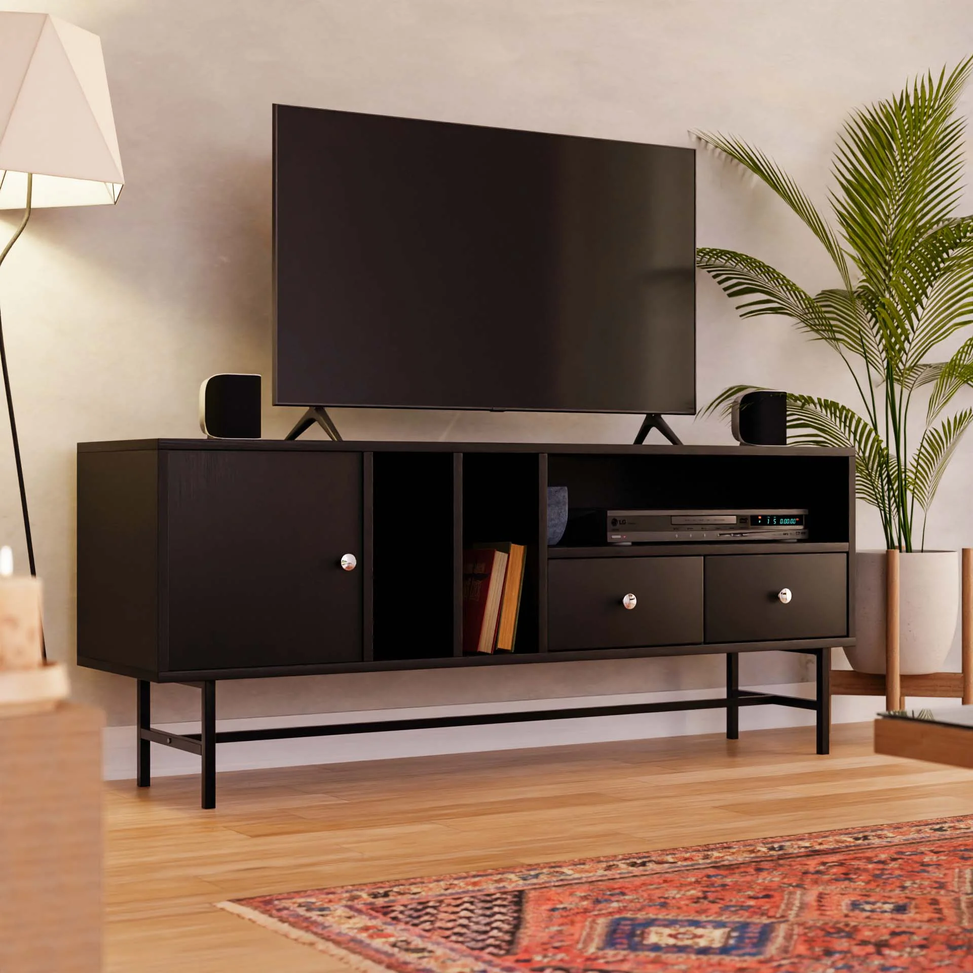 Rochester Modern Rectangular TV Stand with Enclosed Storage and Powder Coated Iron Legs