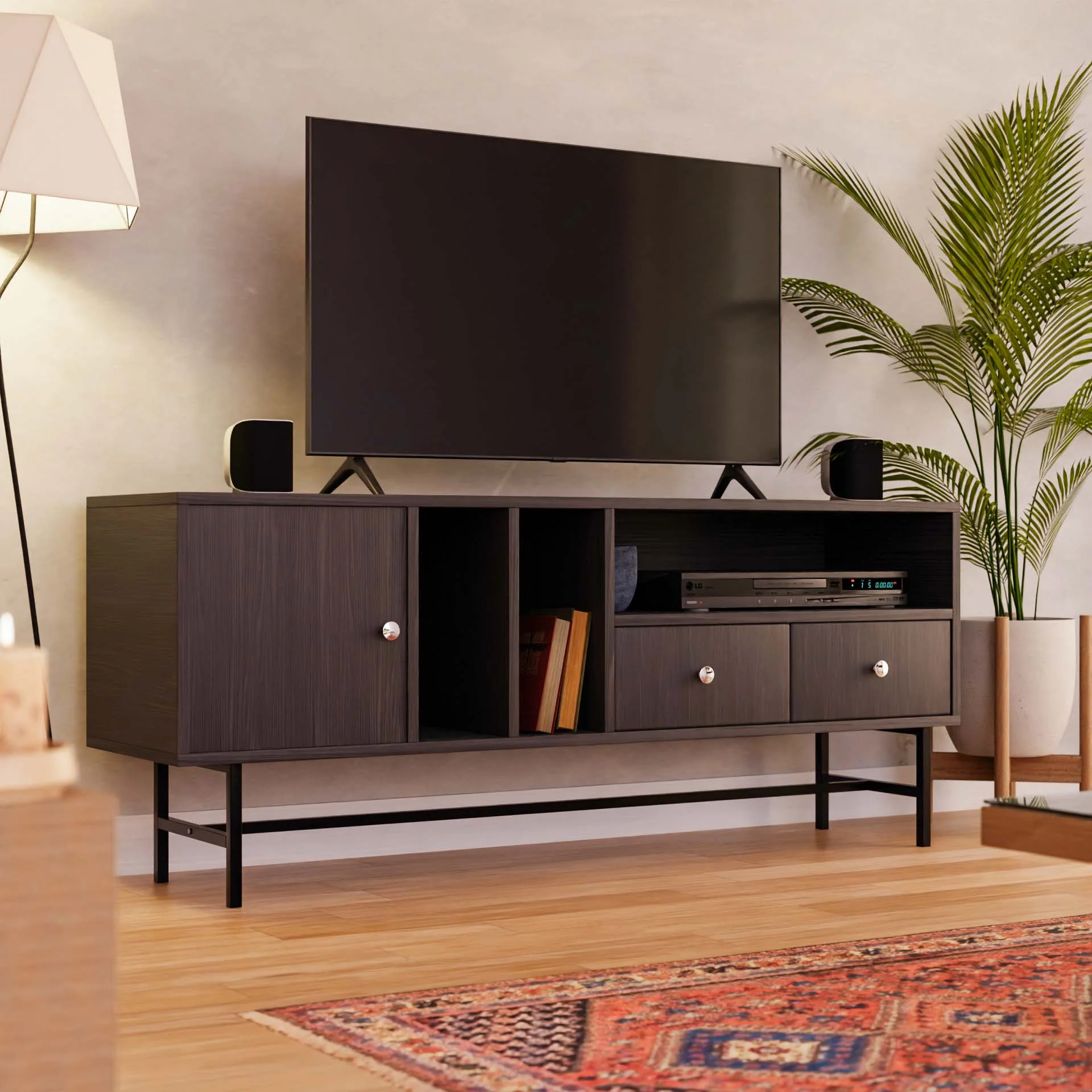 Rochester Modern Rectangular TV Stand with Enclosed Storage and Powder Coated Iron Legs
