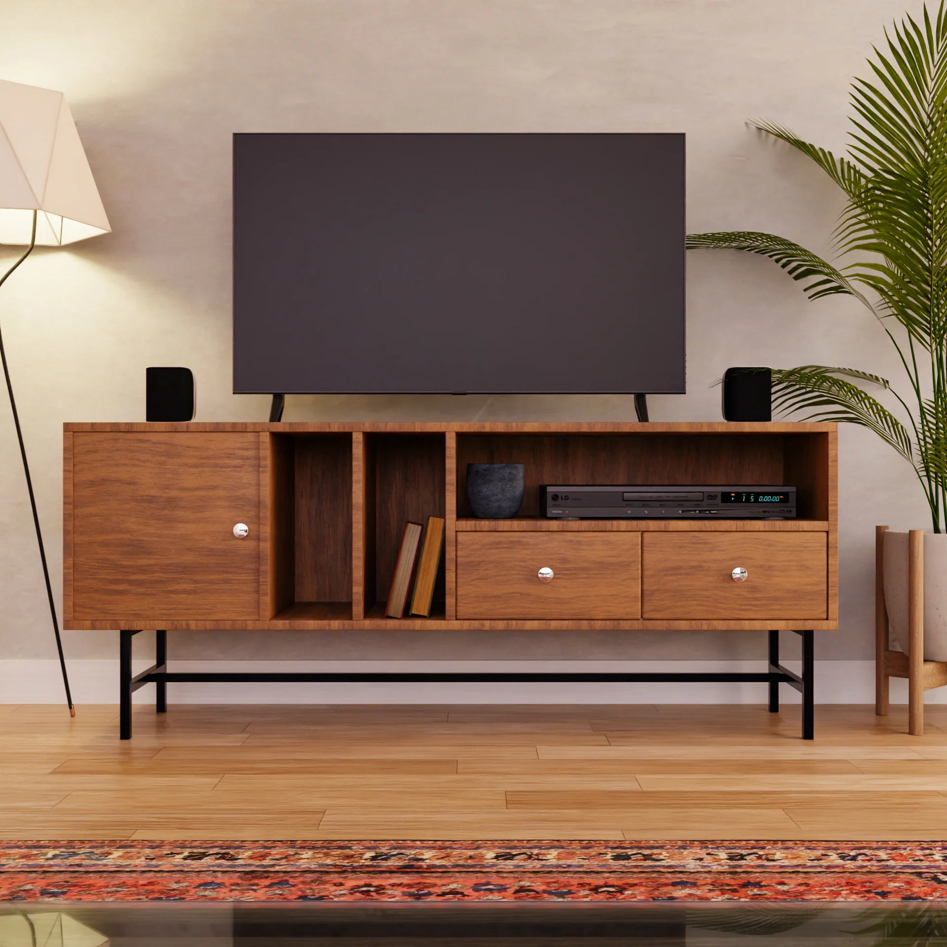 Rochester Modern Rectangular TV Stand with Enclosed Storage and Powder Coated Iron Legs