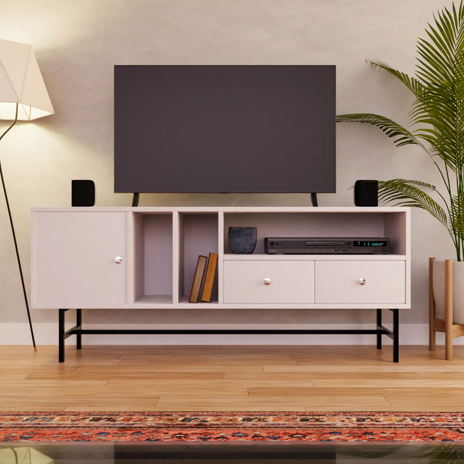 Rochester Modern Rectangular TV Stand with Enclosed Storage and Powder Coated Iron Legs