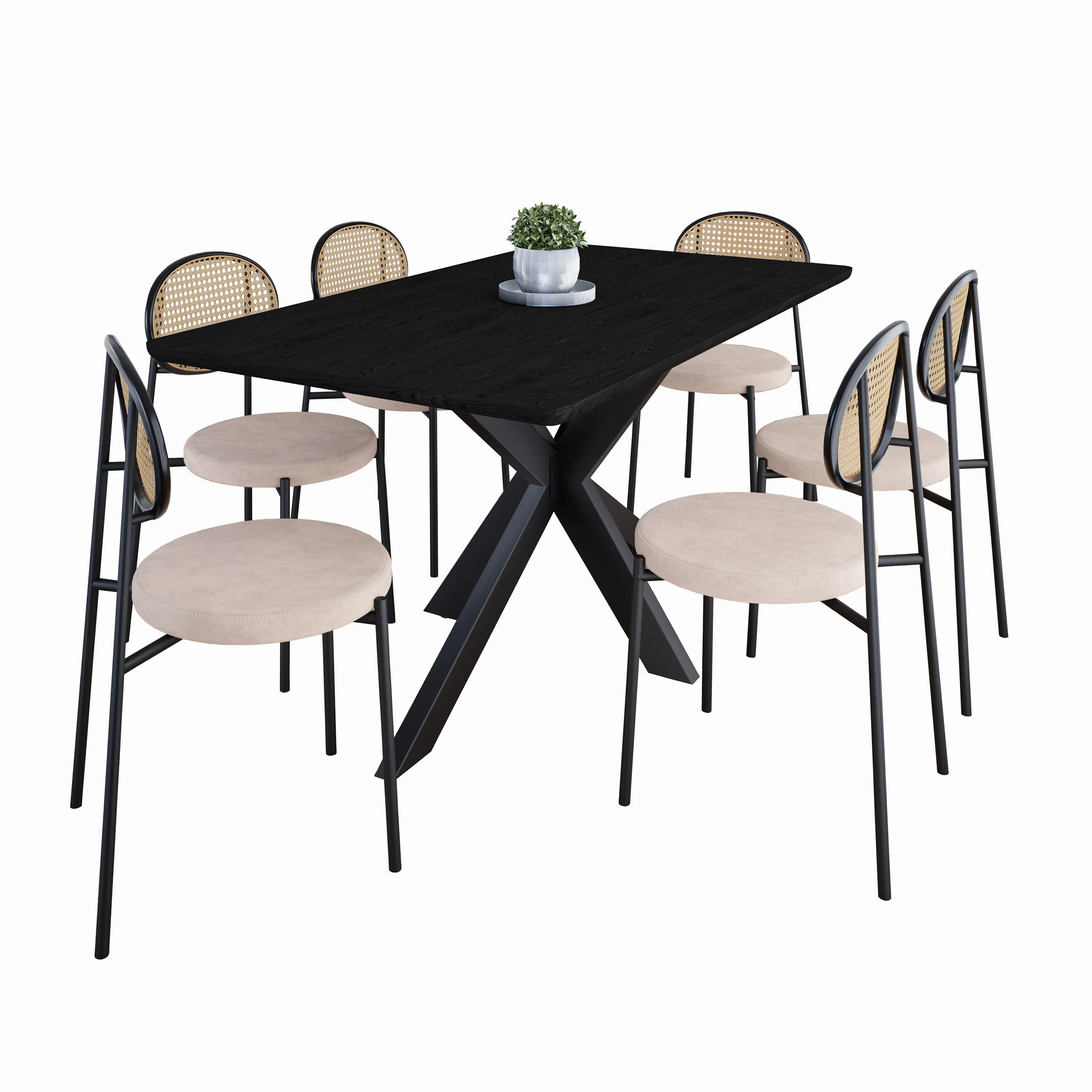 Ravenna 69" Rectangular Wood Dining Table with 6 Euston Wicker Dining Chairs, Ebont/Beige