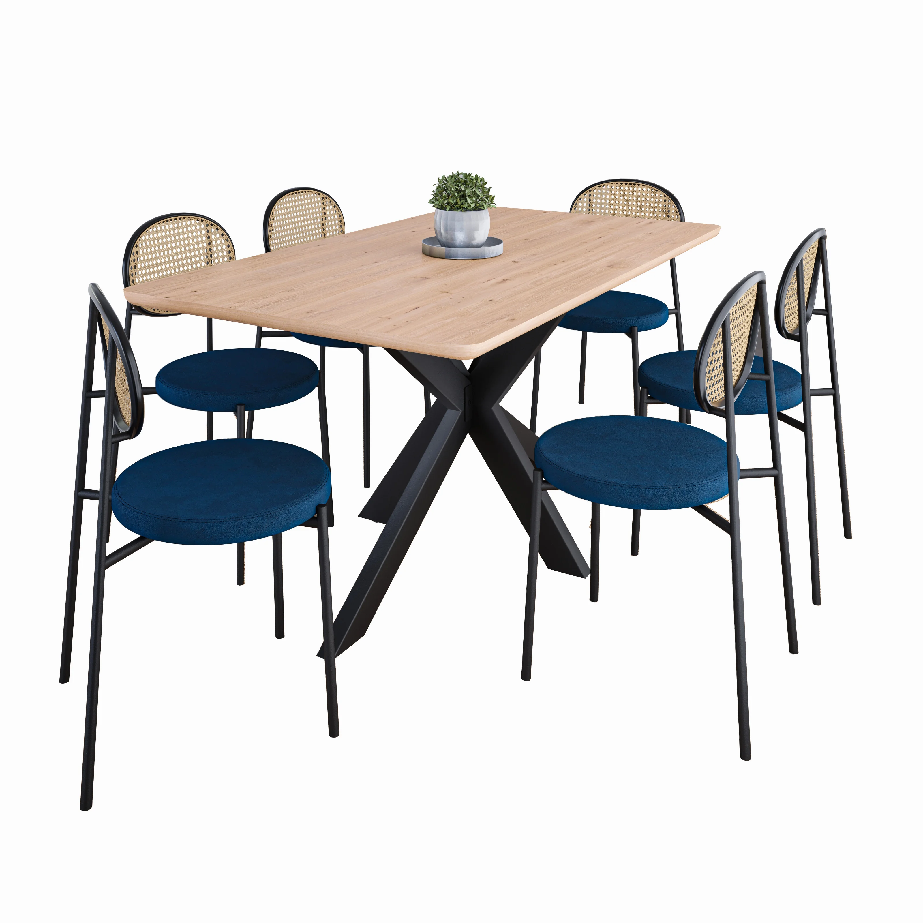 Ravenna 69" Rectangular Wood Dining Table with 6 Euston Wicker Dining Chairs, Maple/Navy Blue