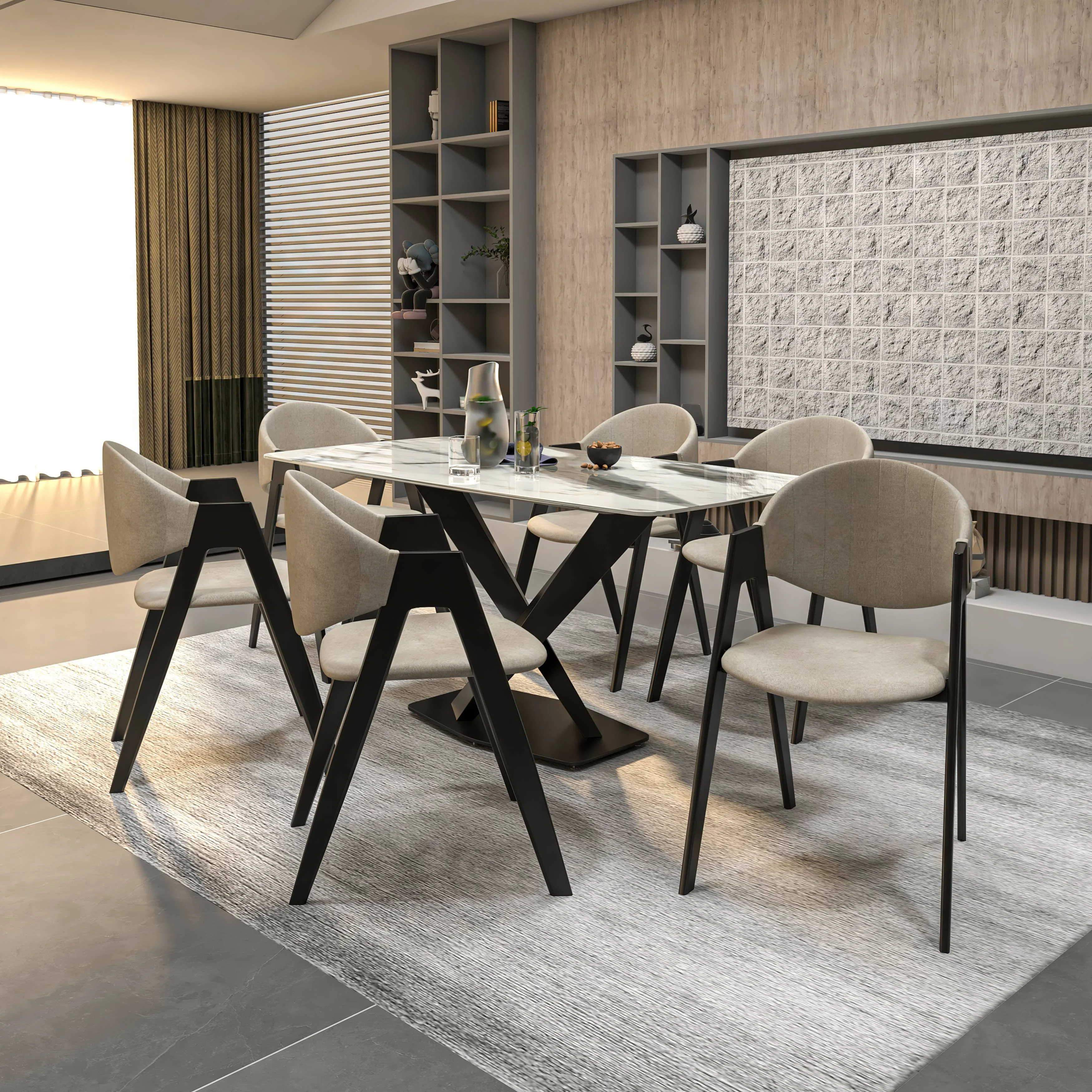 7-Piece Dining Set with Rectangular Sintered Stone Dining Table and 6 Upholstered Dining Chairs