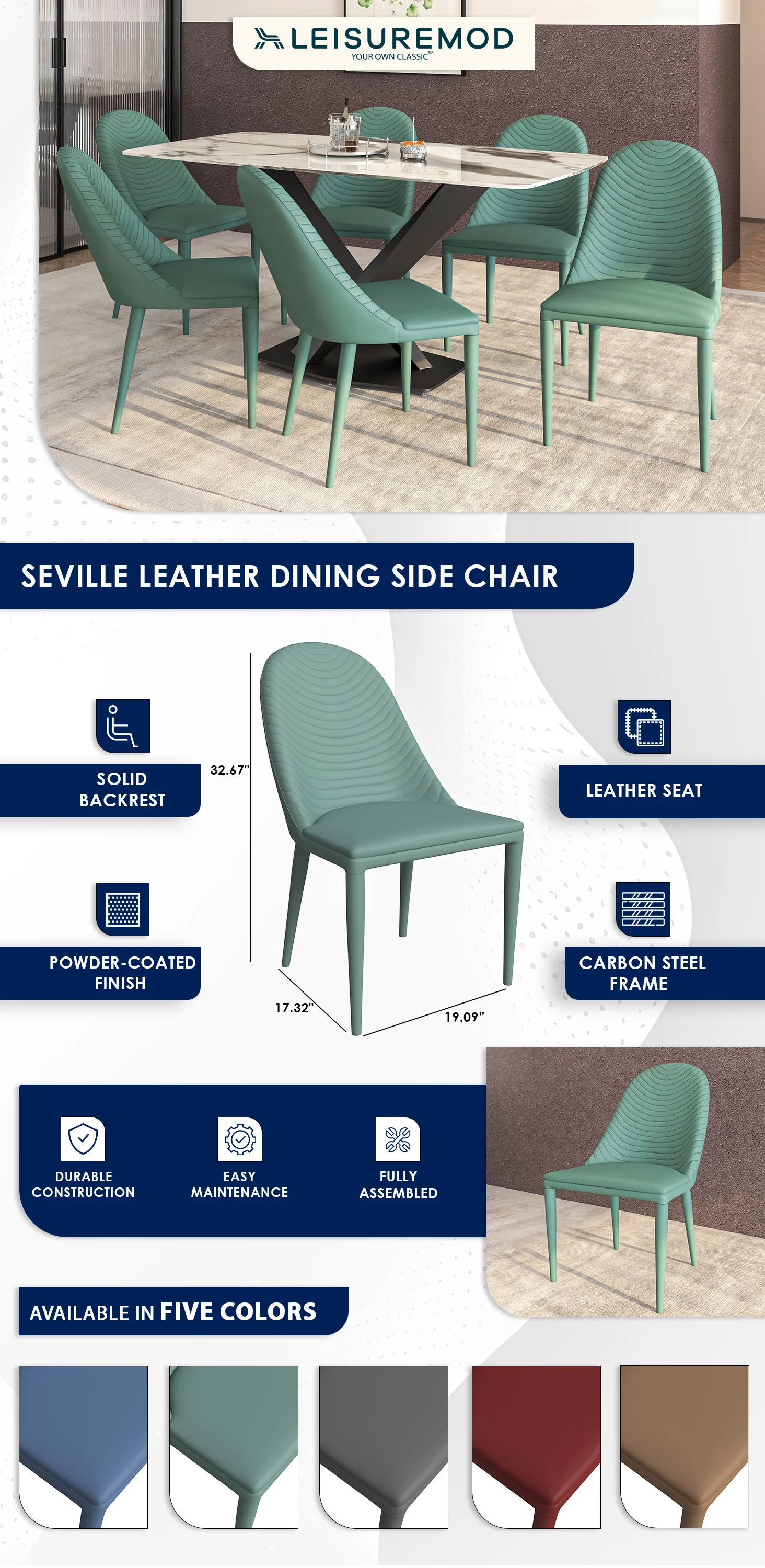 Seville Collection Modern Dining Chair in Green - Set of 4