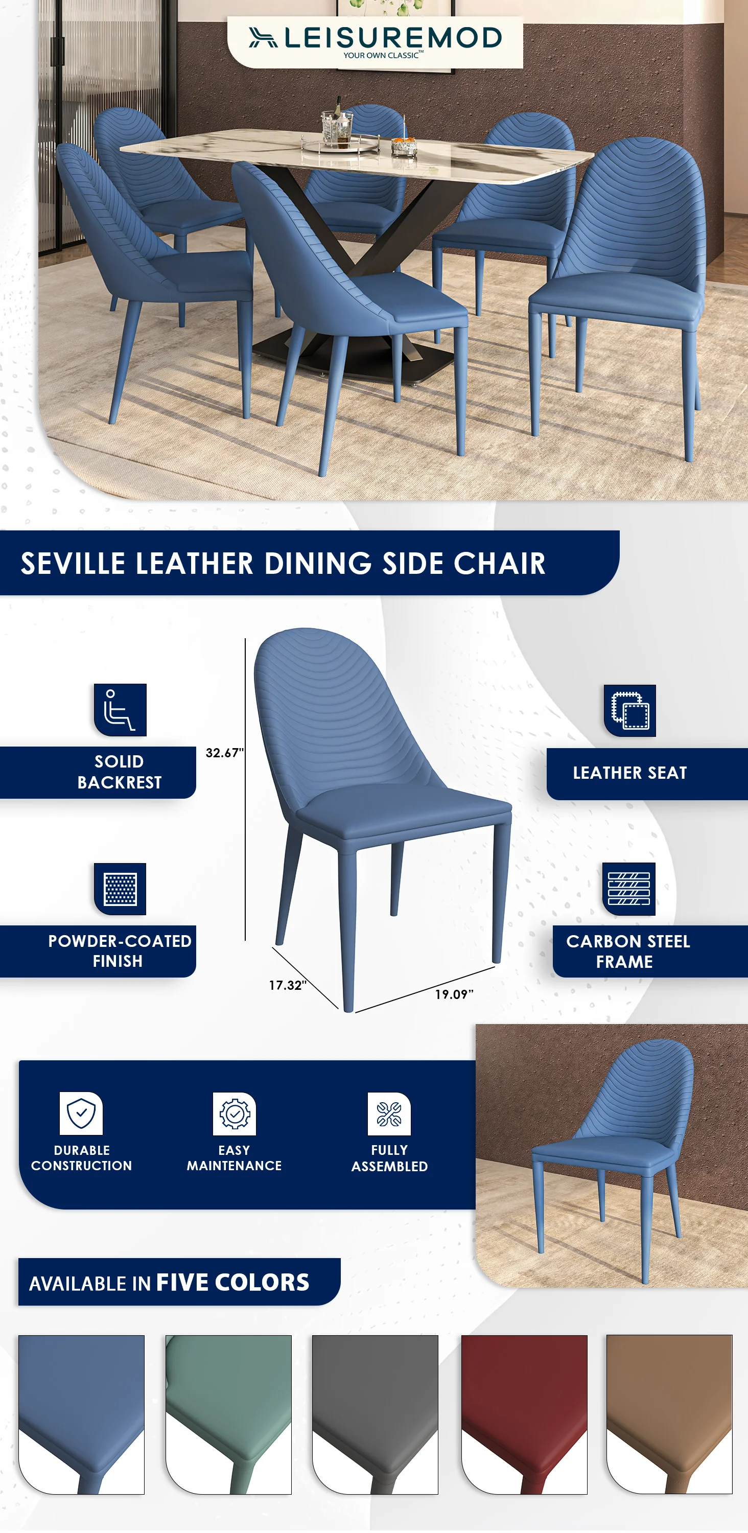 Seville Collection Modern Dining Chair in Navy Blue - Set of 4