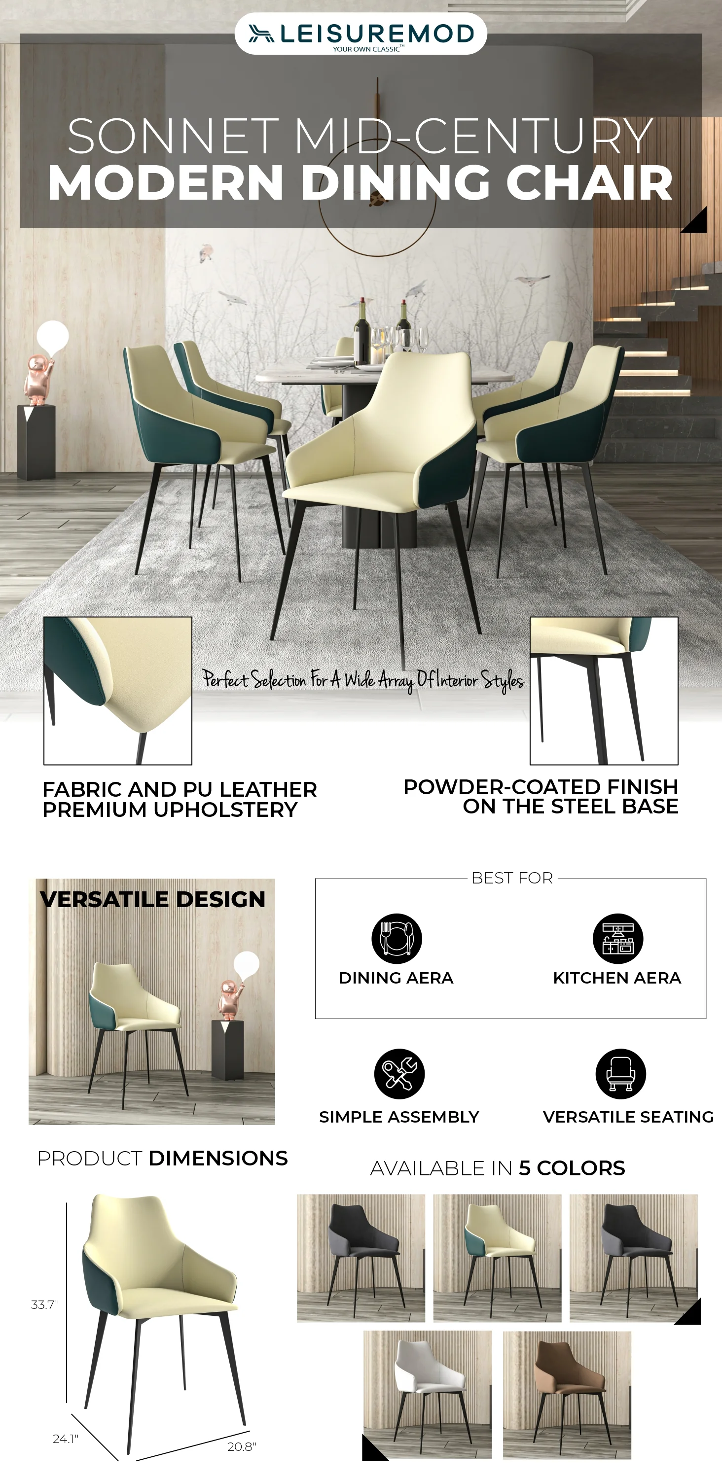 Sonnet Series Modern Dining Chair in Cream/Green - Set of 2