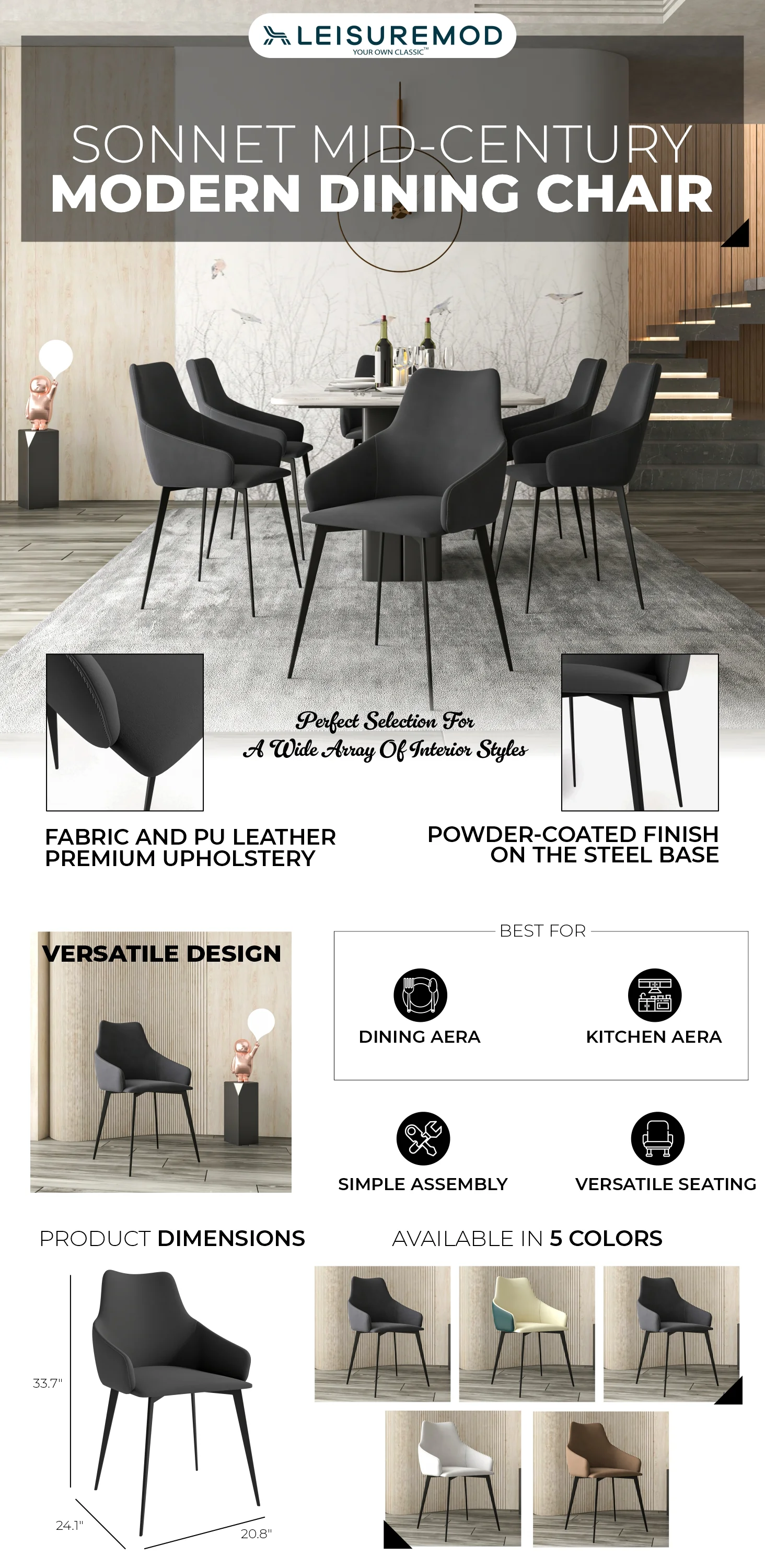 Sonnet Series Modern Dining Chair in Charcoal Fabric - Set of 4