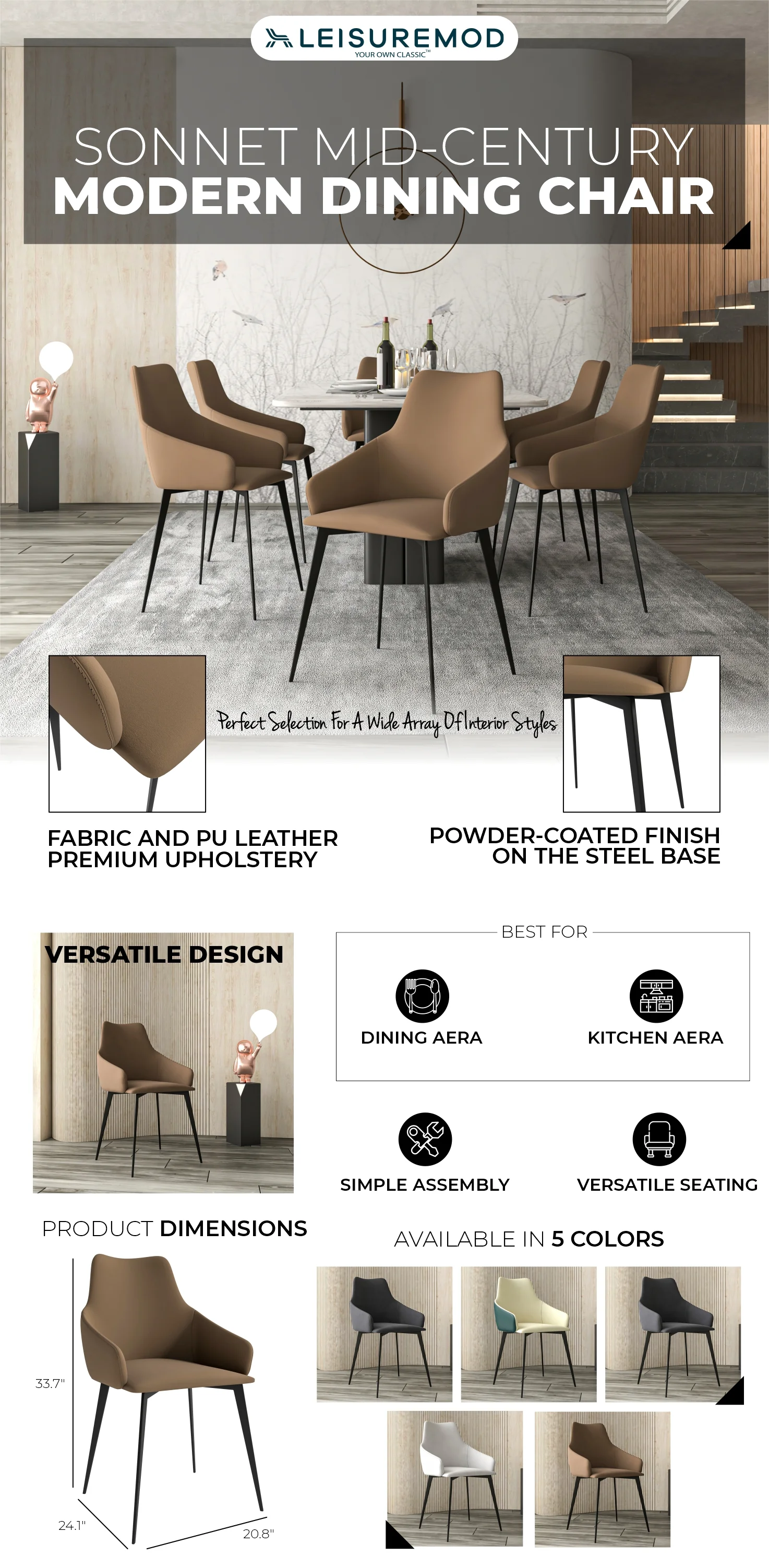 Sonnet Series Modern Dining Chair in Light Brown Fabric - Set of 2