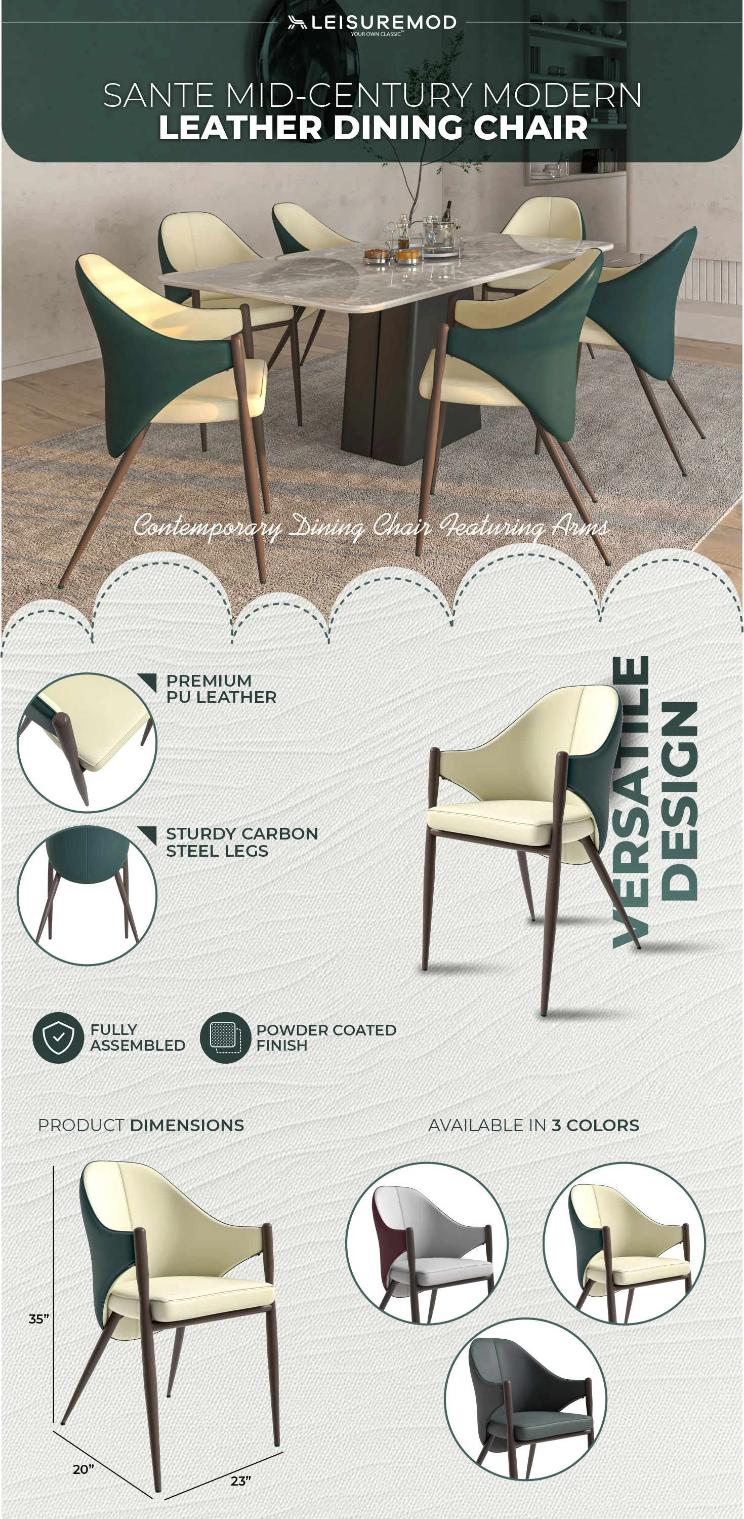 Sante Collection Modern Dining Chair Set of 2 in Cream/Green