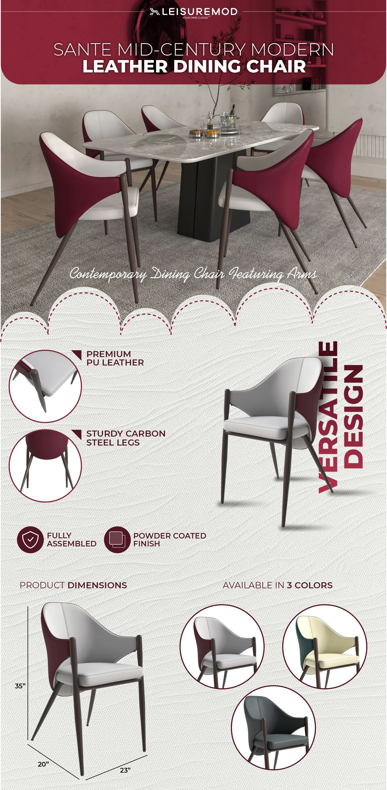 Sante Collection Modern Dining Chair in White/Bordouex