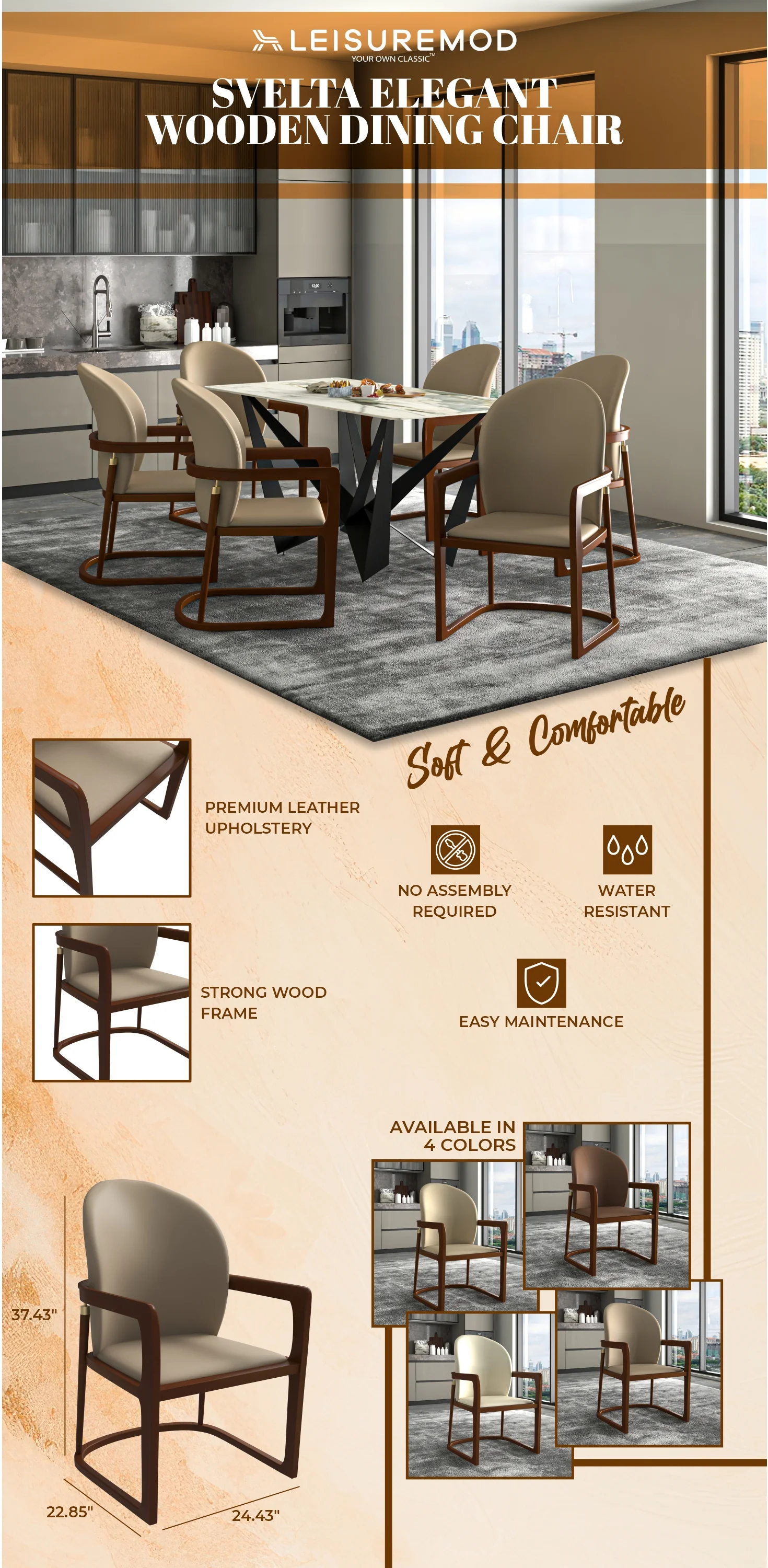 Svelta Elegant Wooden Dining Chair in Dark Toupe